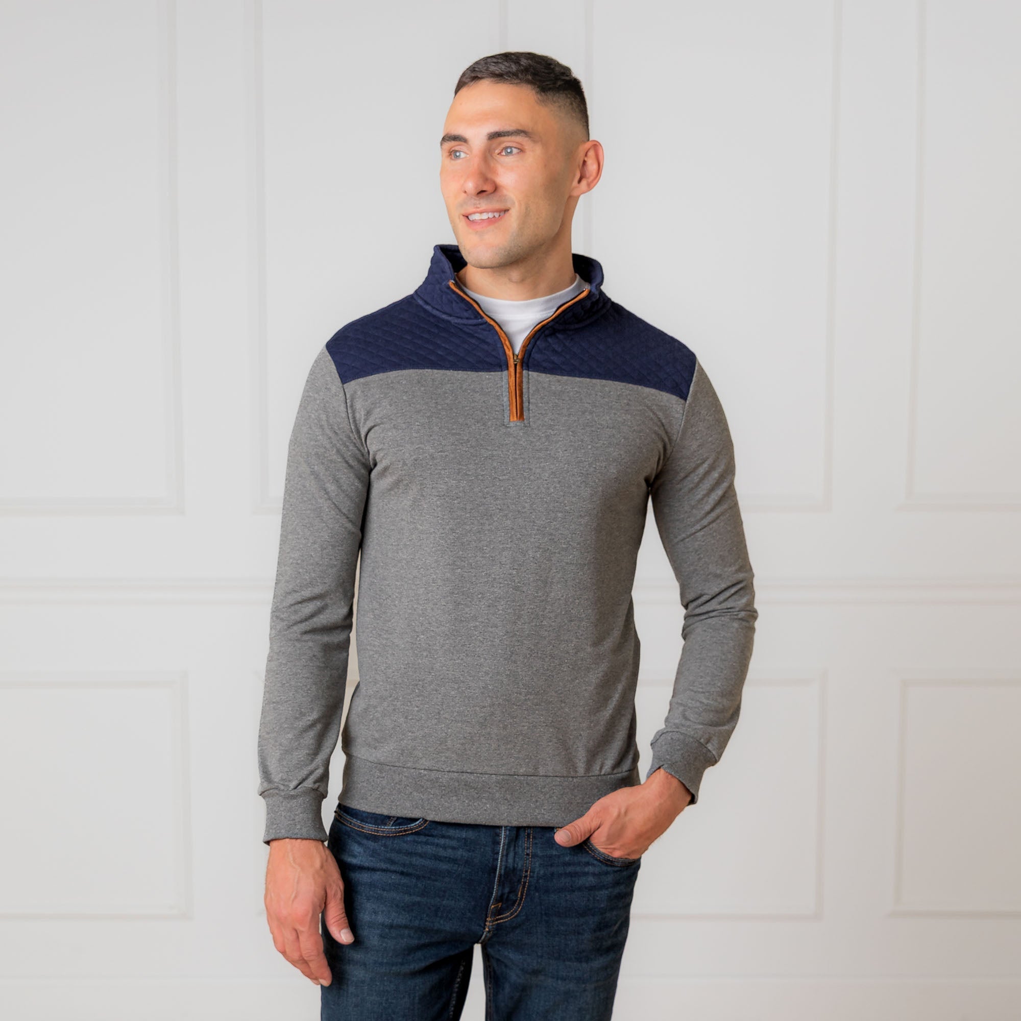 Organic French Terry Half Zip with Quilted Yoke