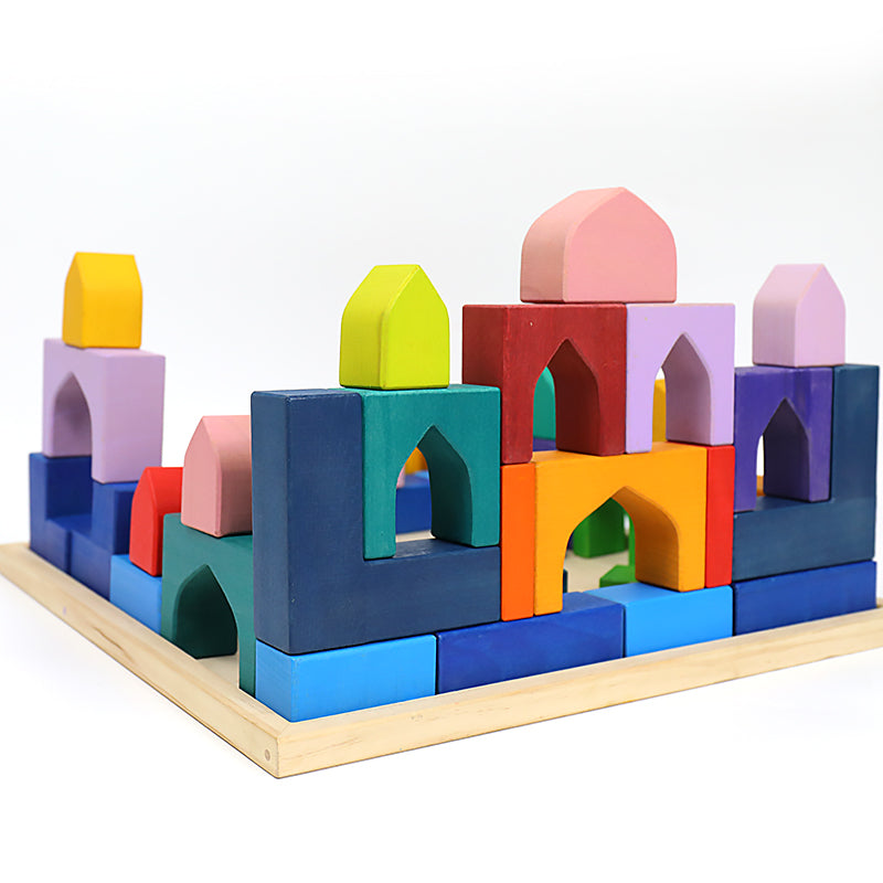 **Pre-order (Ships in 1-2 Weeks)**54 Pcs STAINED Arabian 1001 Nights Inspired Wooden Building Blocks Set with Tray