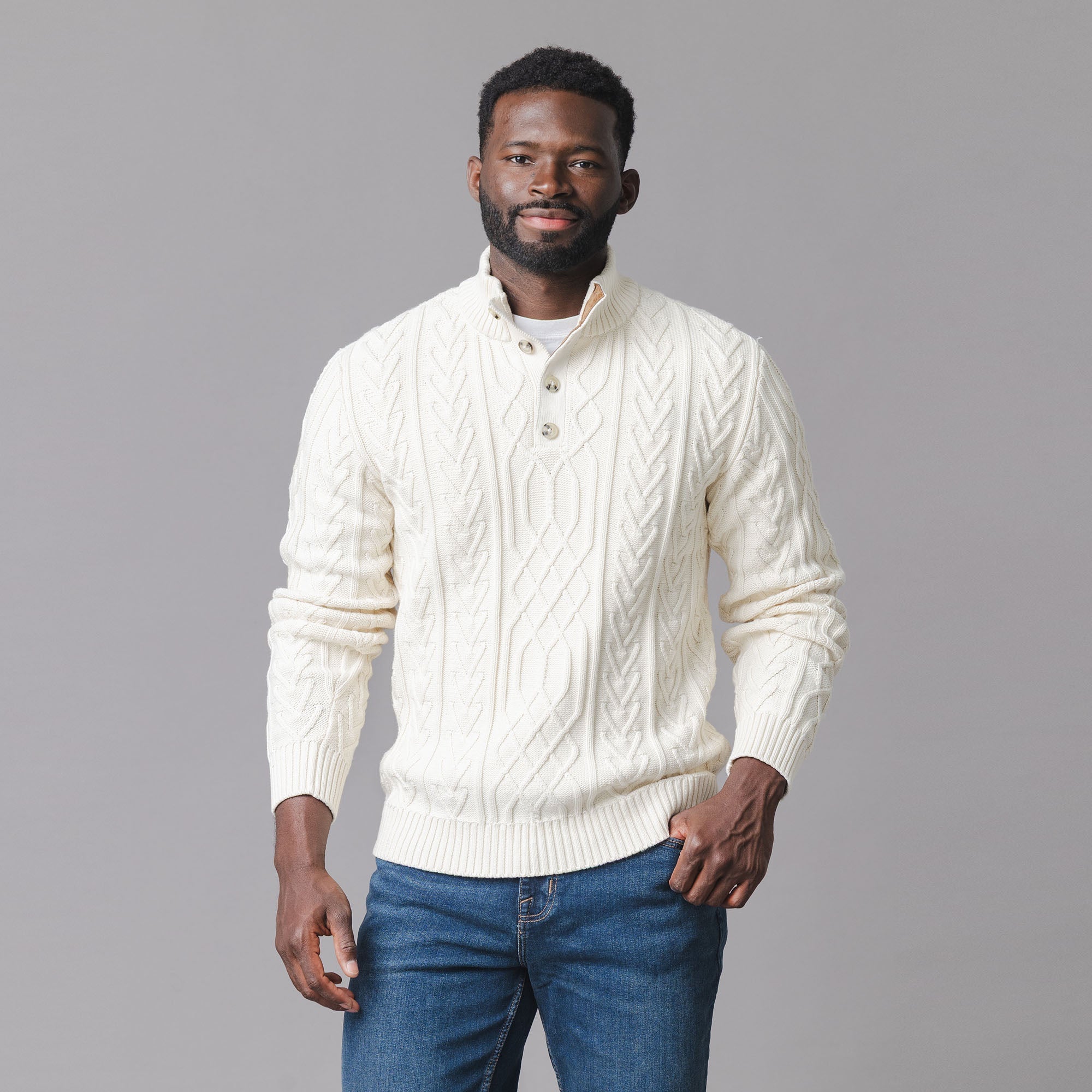 Organic Mock Neck Cable Sweater