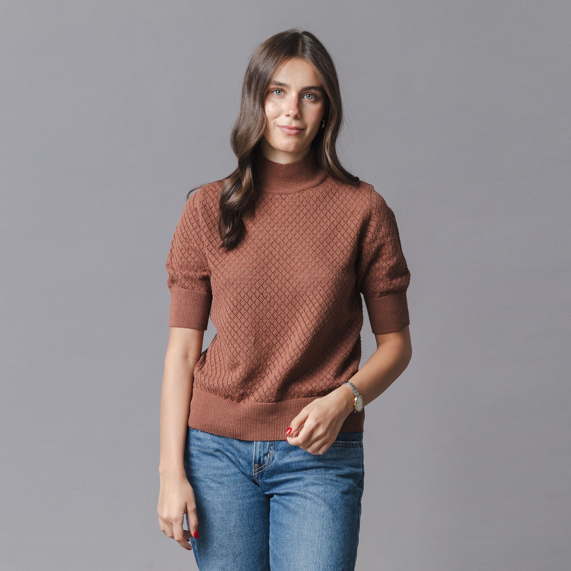 Organic Diamond Stitch Mock Neck Sweater