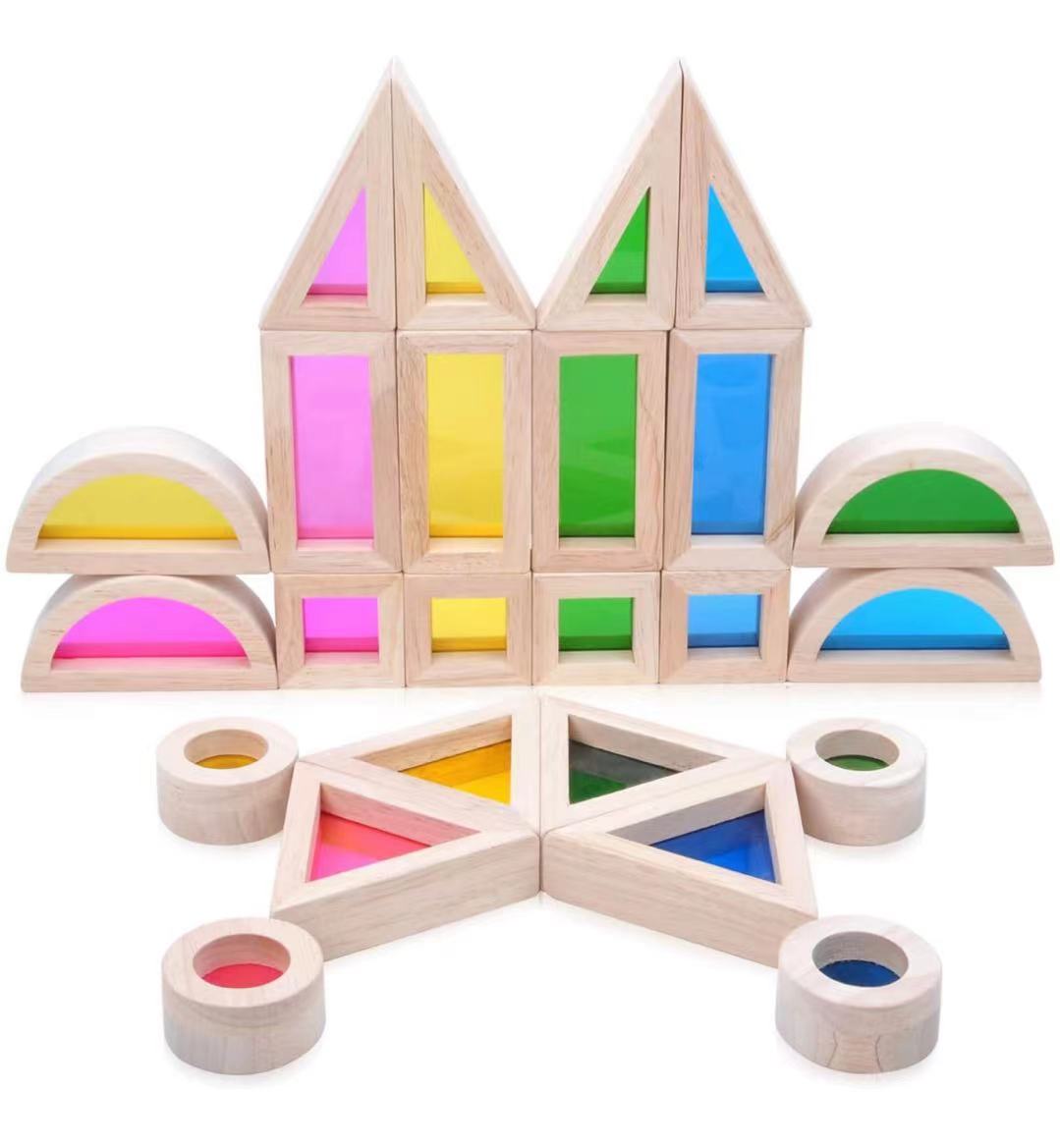 **Pre-order (Ships in 2-3 Weeks)**24 Pcs Rainbow Acrylic Sensory Wooden Building Blocks