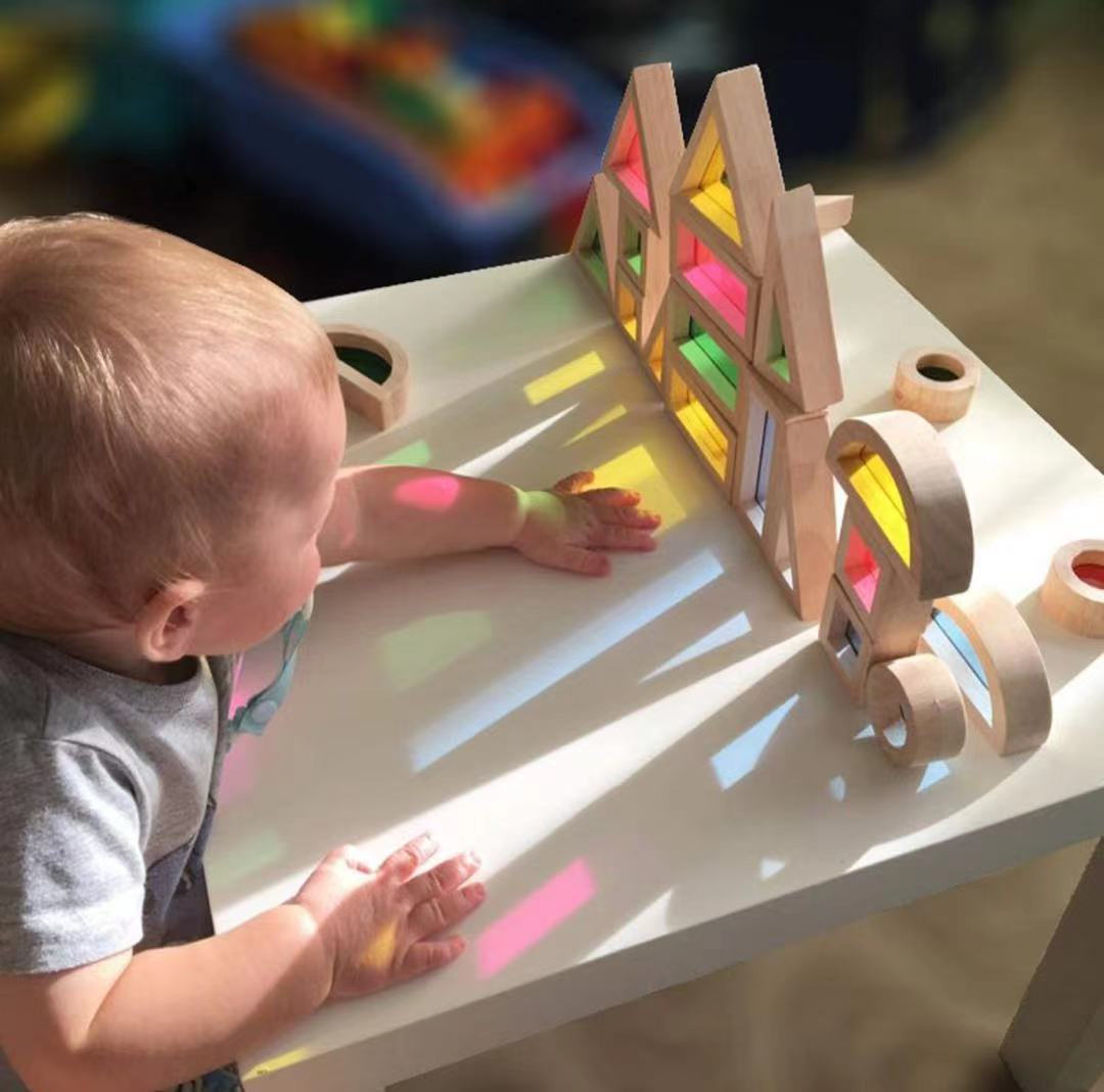 **Pre-order (Ships in 2-3 Weeks)**24 Pcs Rainbow Acrylic Sensory Wooden Building Blocks