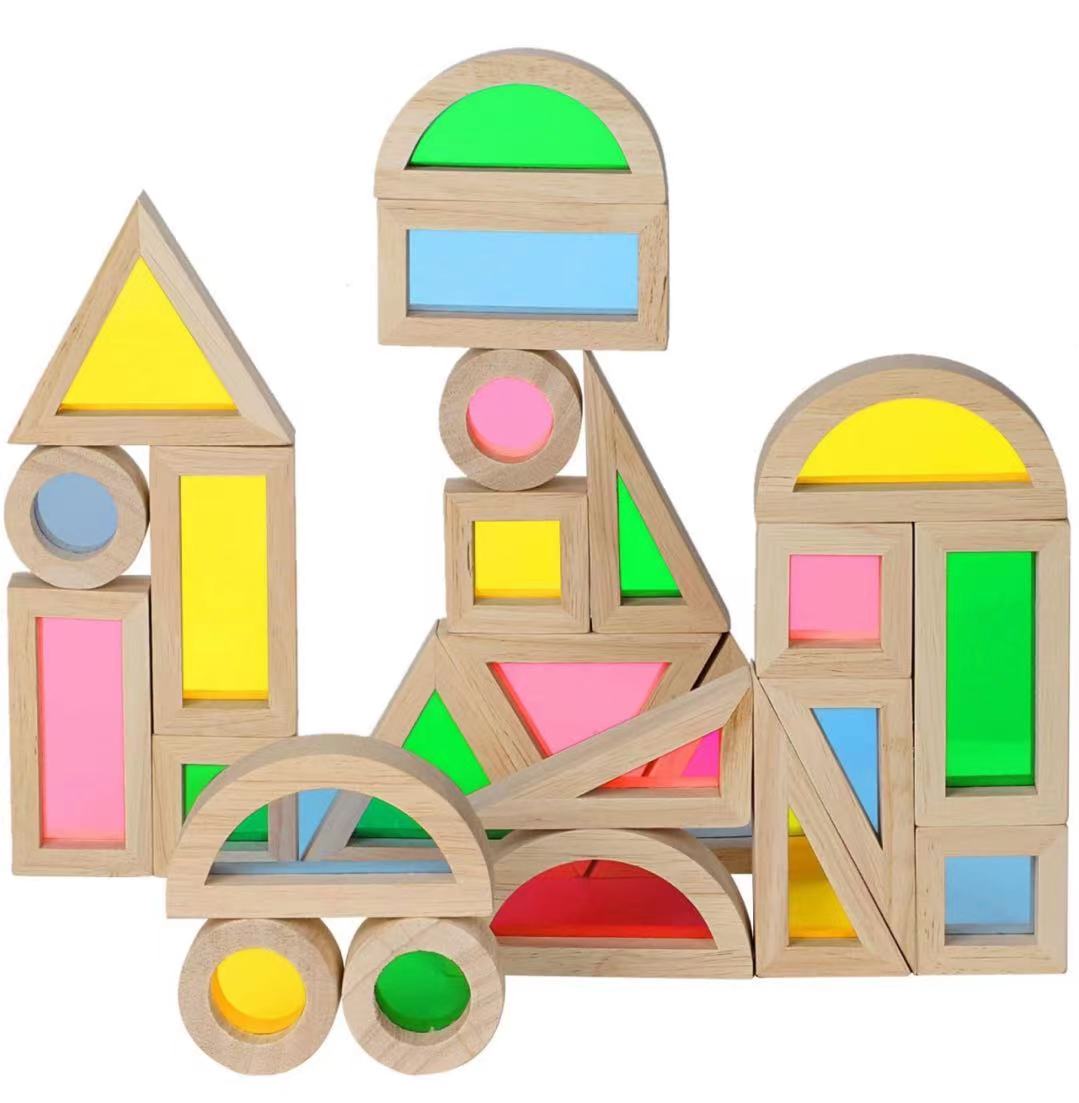 **Pre-order (Ships in 2-3 Weeks)**24 Pcs Rainbow Acrylic Sensory Wooden Building Blocks