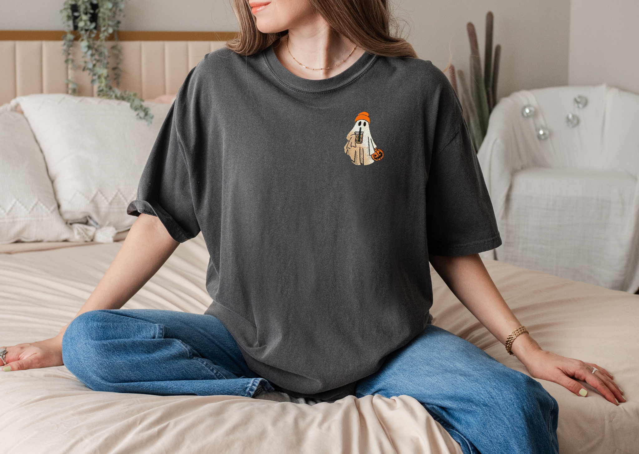 Adult Embroidered Iced Coffee Ghost Comfort Colors Tee - more colors