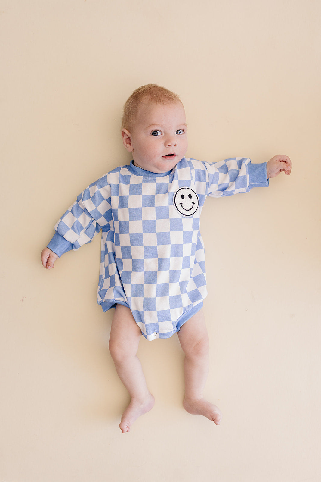 Bubble Romper | Checkered Smiley Blue