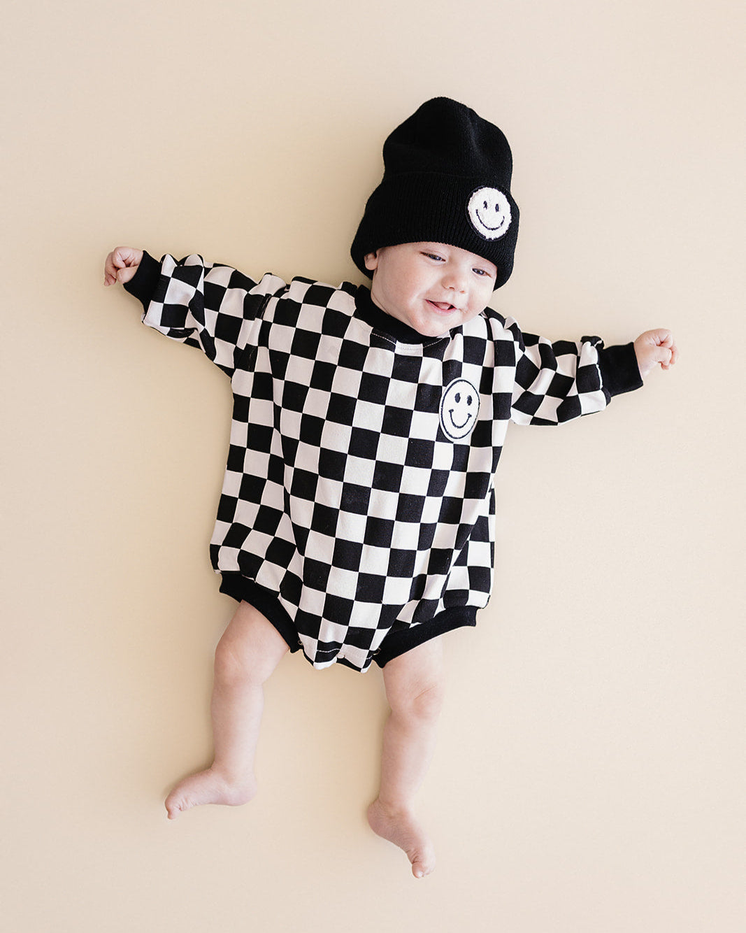 Bubble Romper | Checkered Smiley Black
