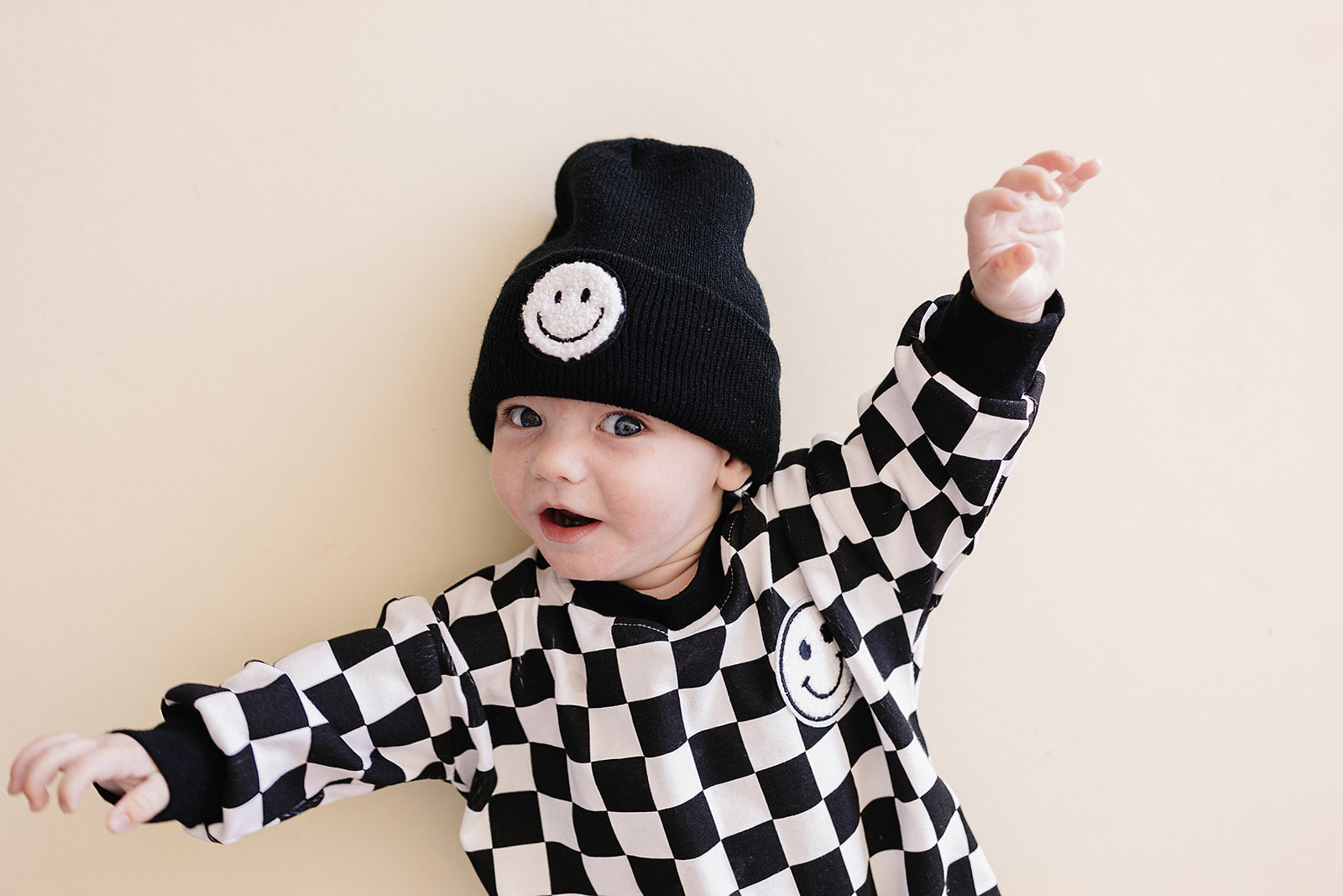 Bubble Romper | Checkered Smiley Black