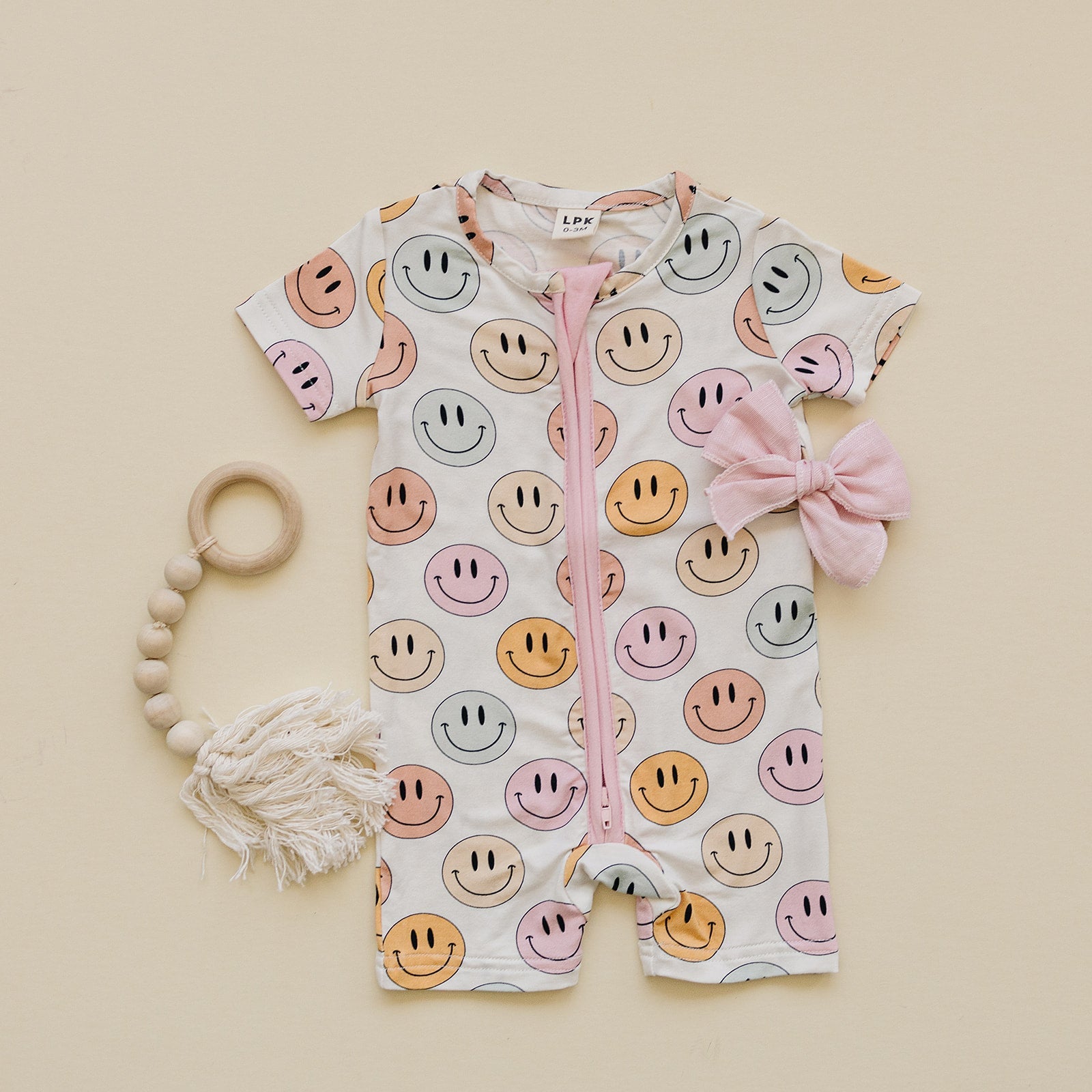 Smiley Bamboo Short Romper | Pink