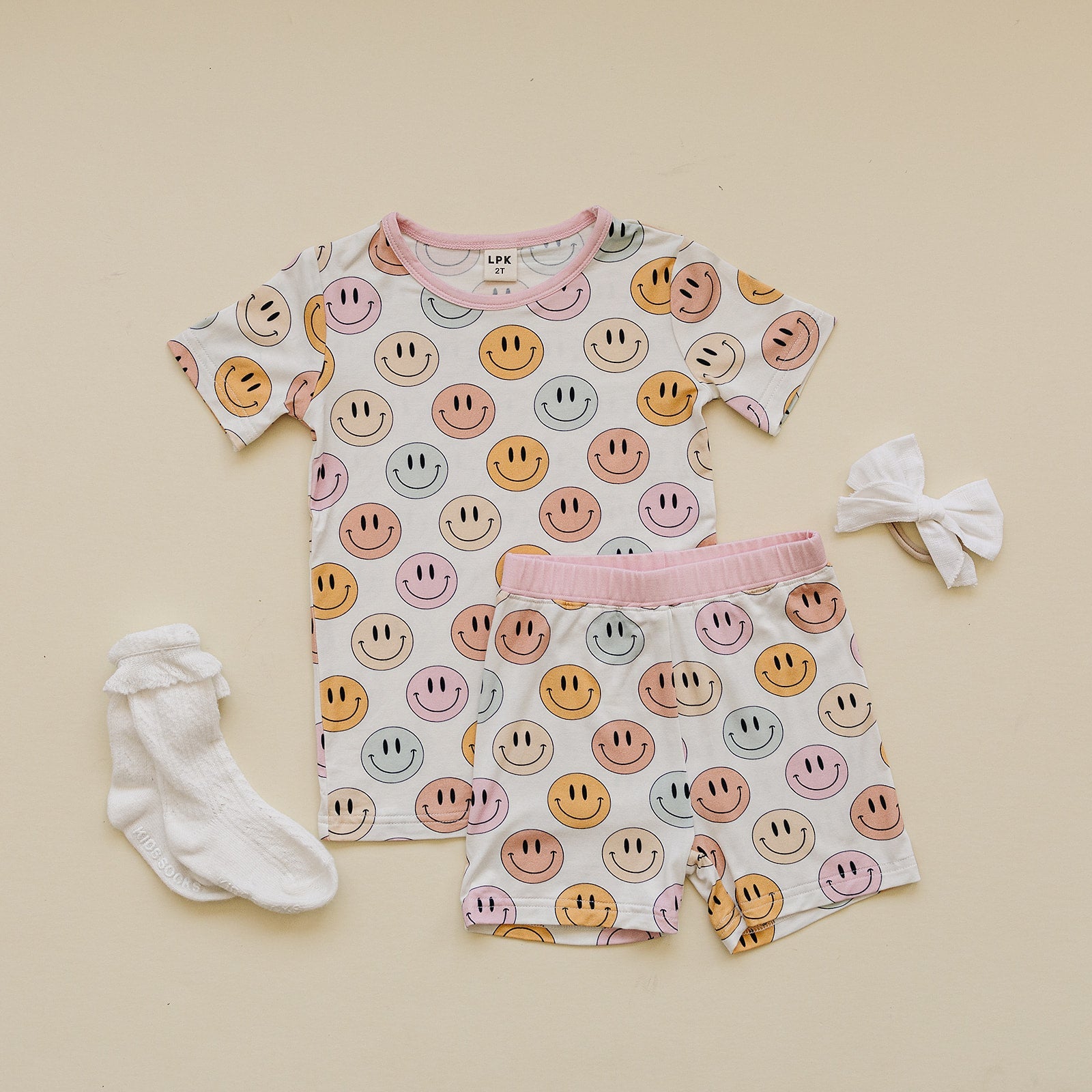 Smiley Bamboo Two Piece Shorts Set | Pink