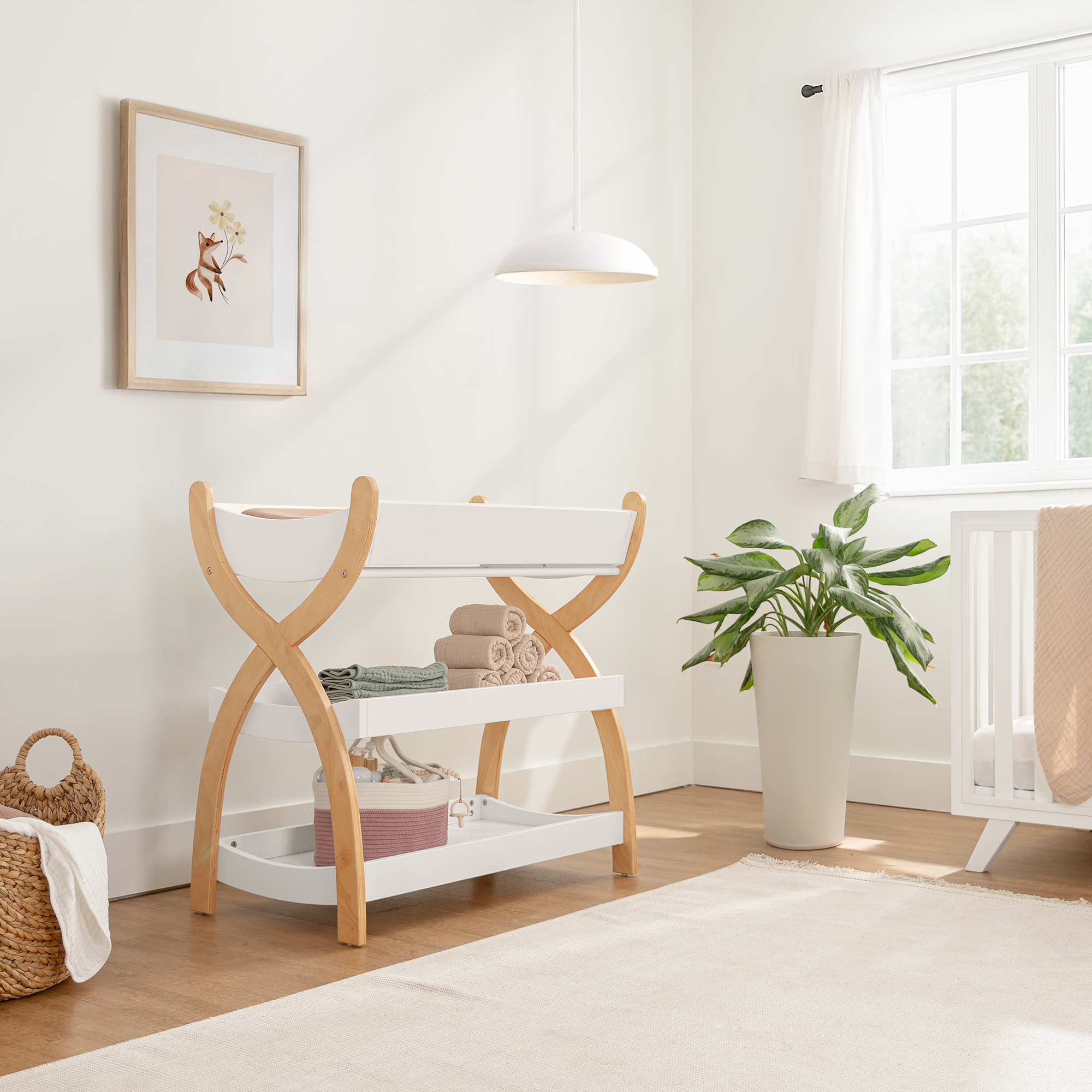 Baby Changing Table by Comfy Cubs - White With Natural Wood Legs