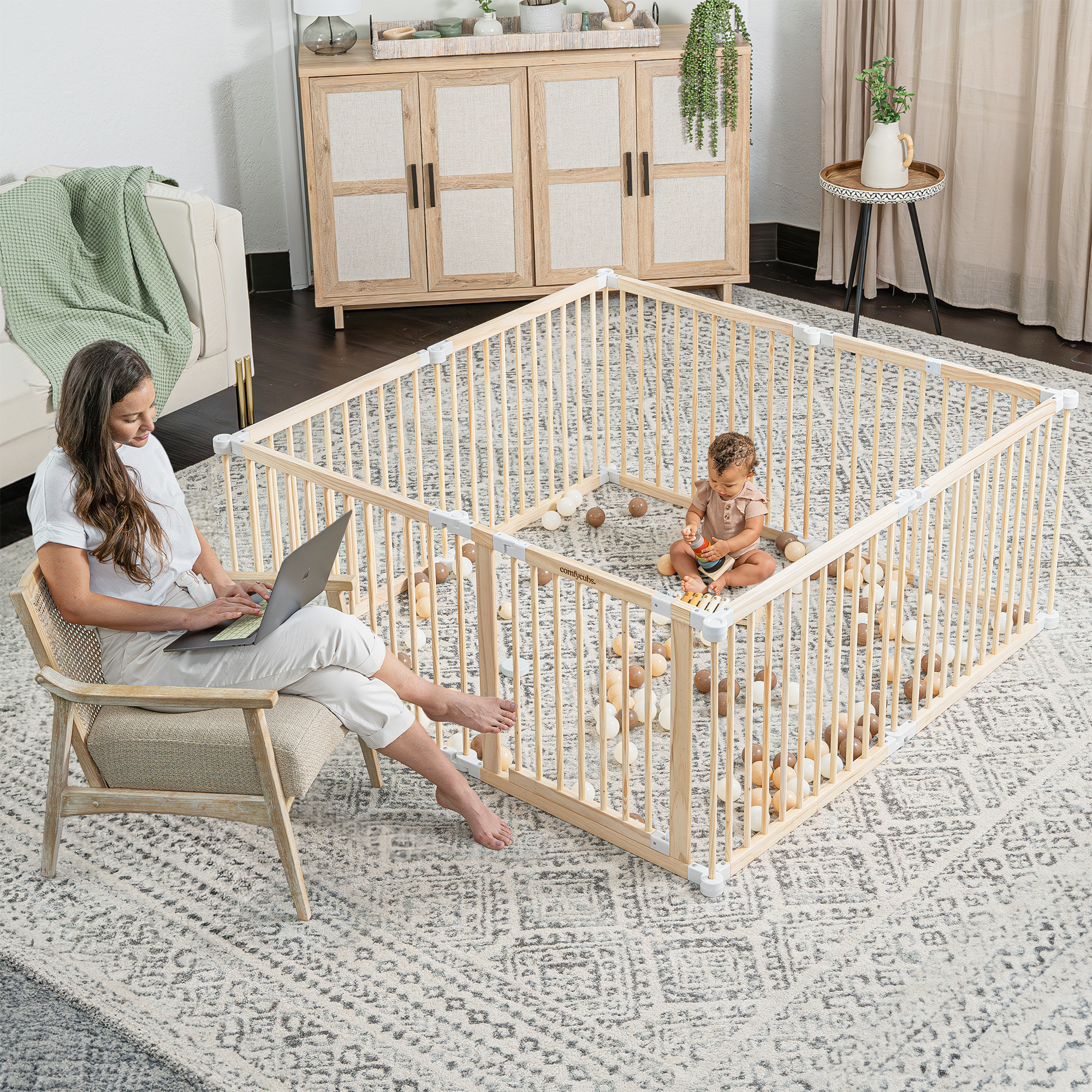 Playpen for Toddler and Babies in Natural Wood