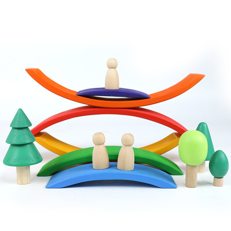 **Pre-order (Ships in 2-3 Weeks)**6-Piece Basswood Rainbow Bridge Building Blocks| Painted & Hand-Stained