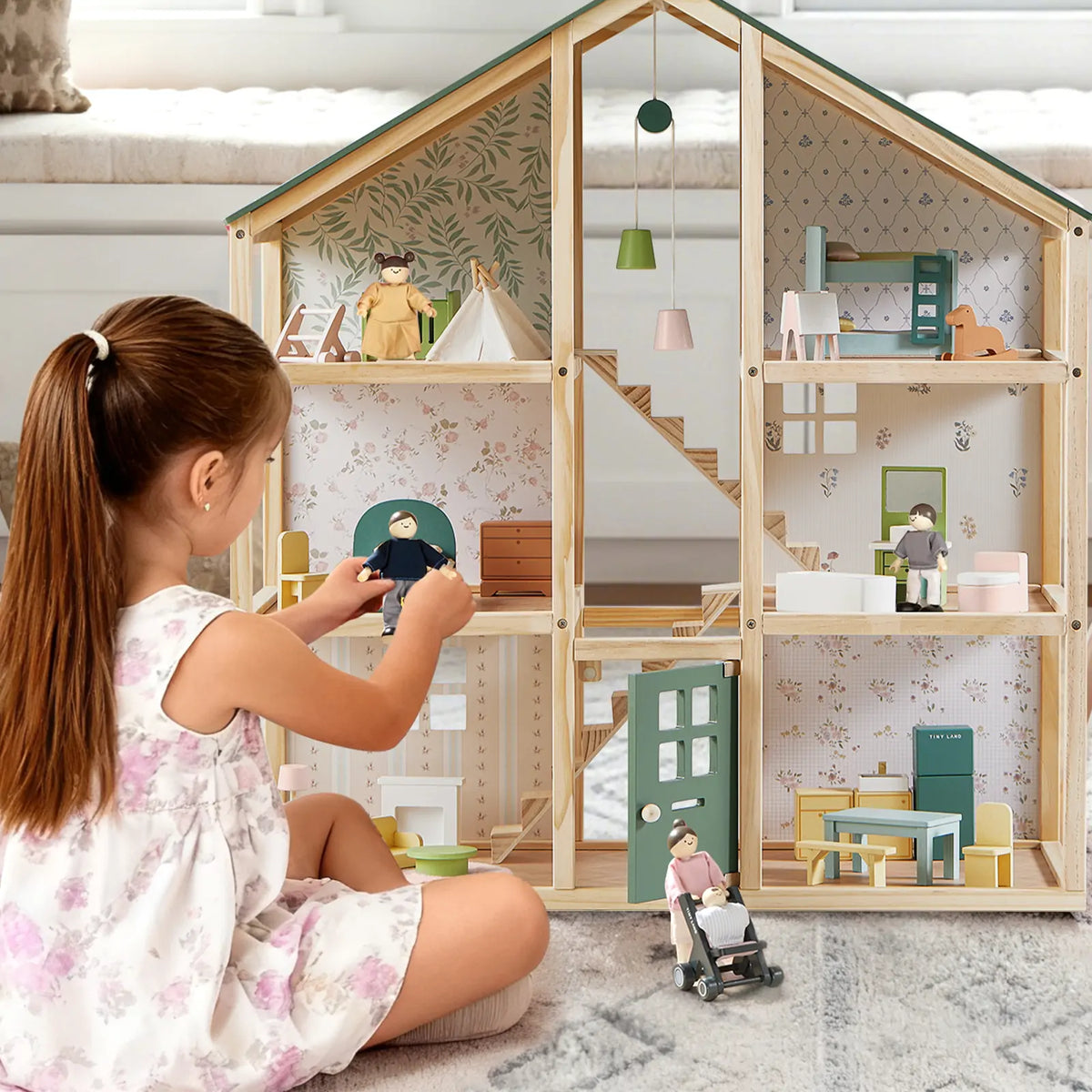 Tiny Land® Sweetwood Evergreen Dollhouse & Wooden Dollhouse Dolls