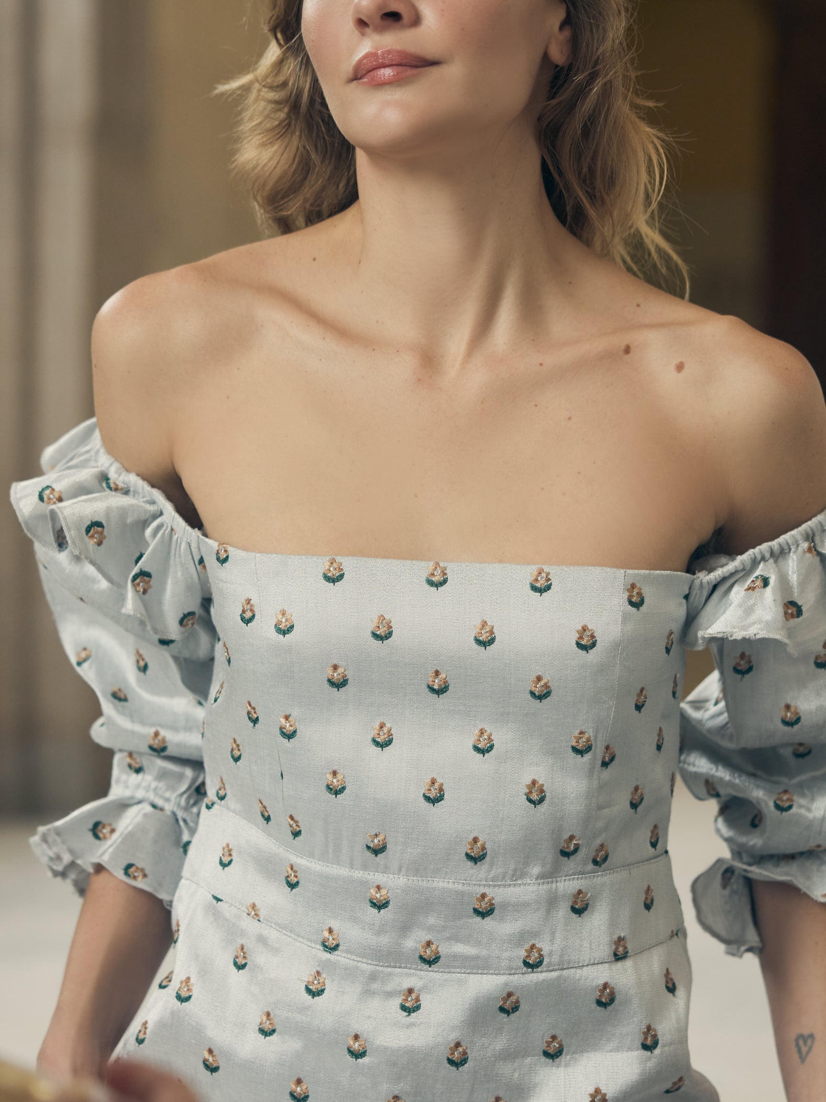 Desirae Embroidered Midi Dress - Light Silver/Micro Floral Embroidery