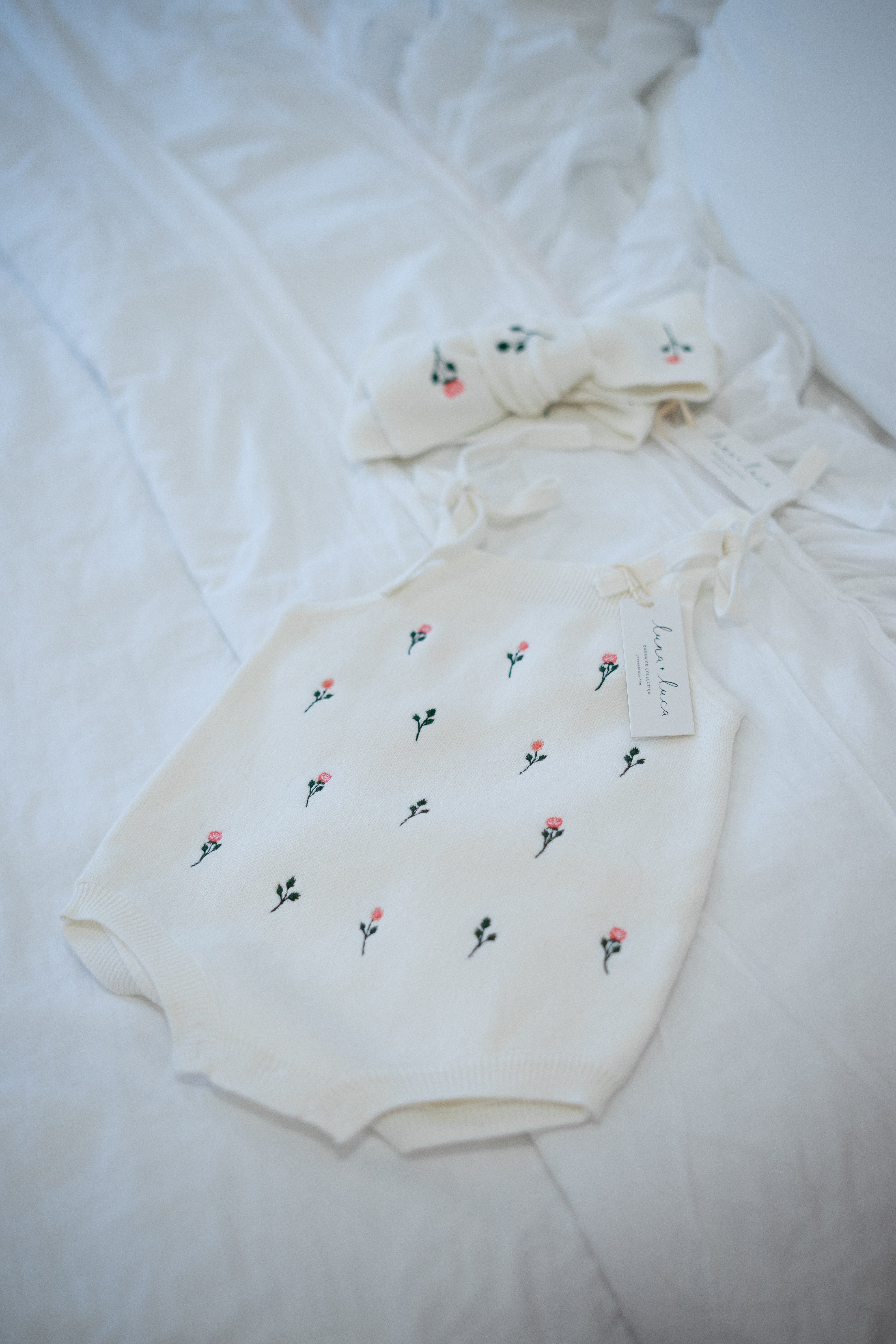 Floral Embroidery Romper + Bow - White