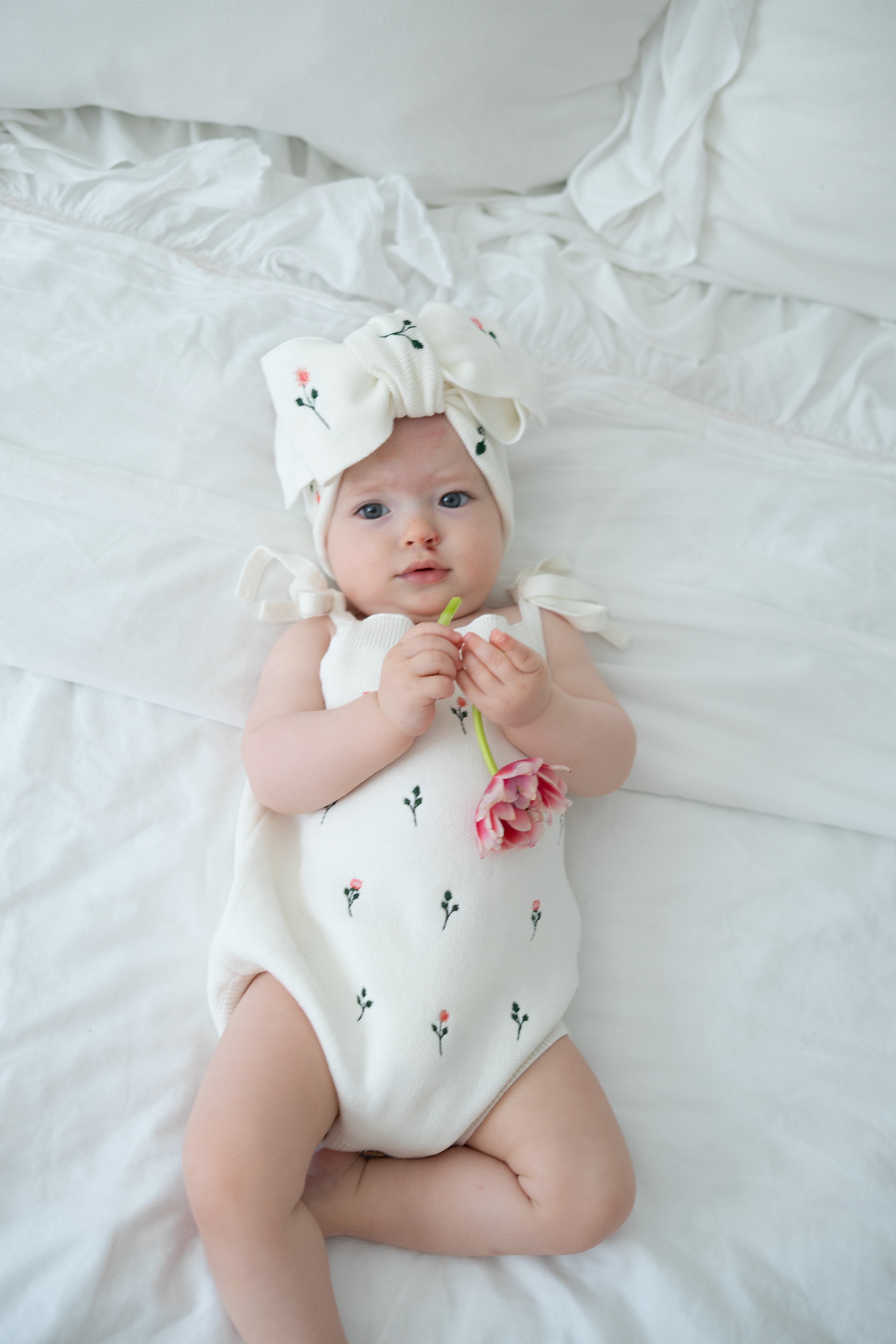 Floral Embroidery Romper + Bow - White