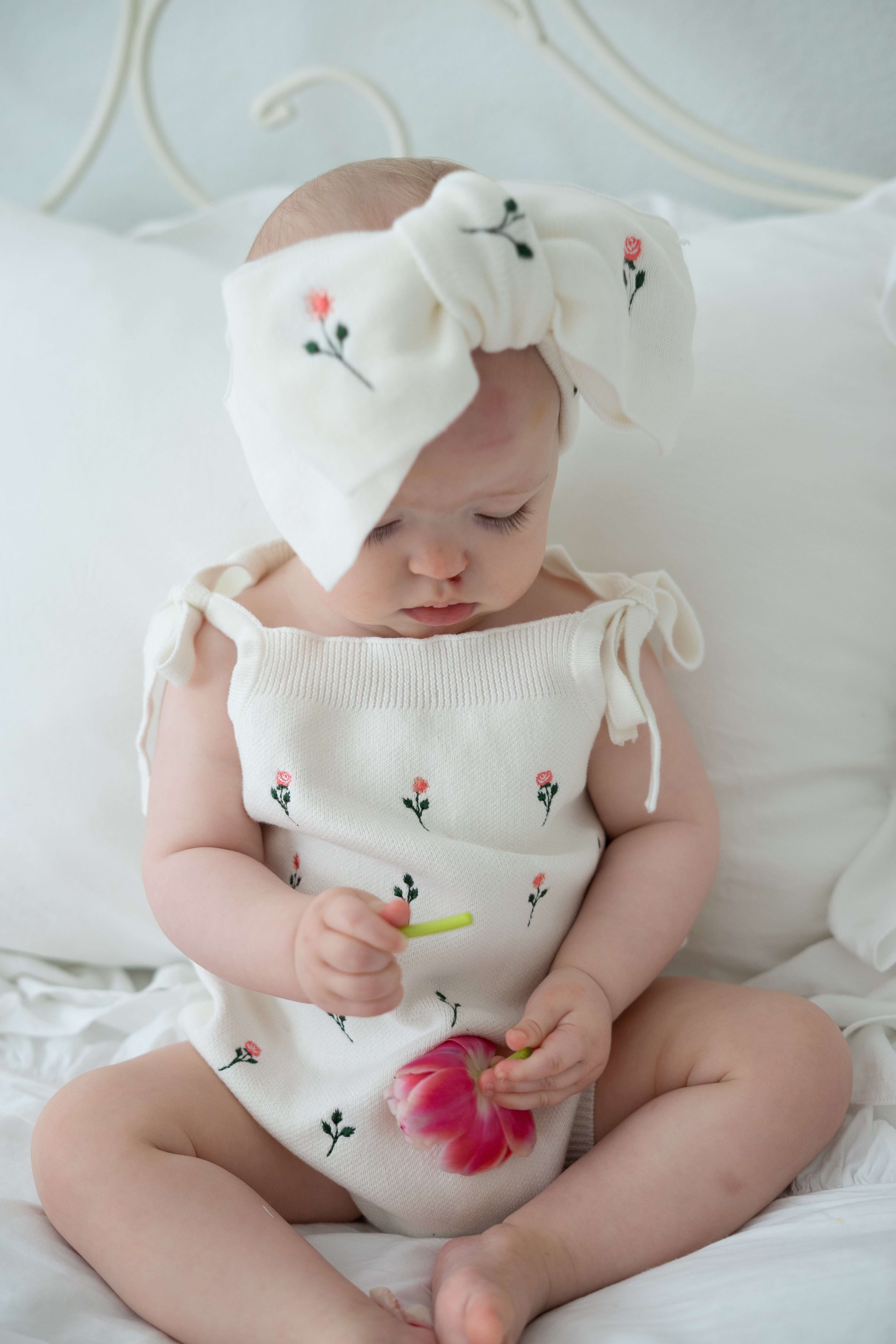Floral Embroidery Romper + Bow - White