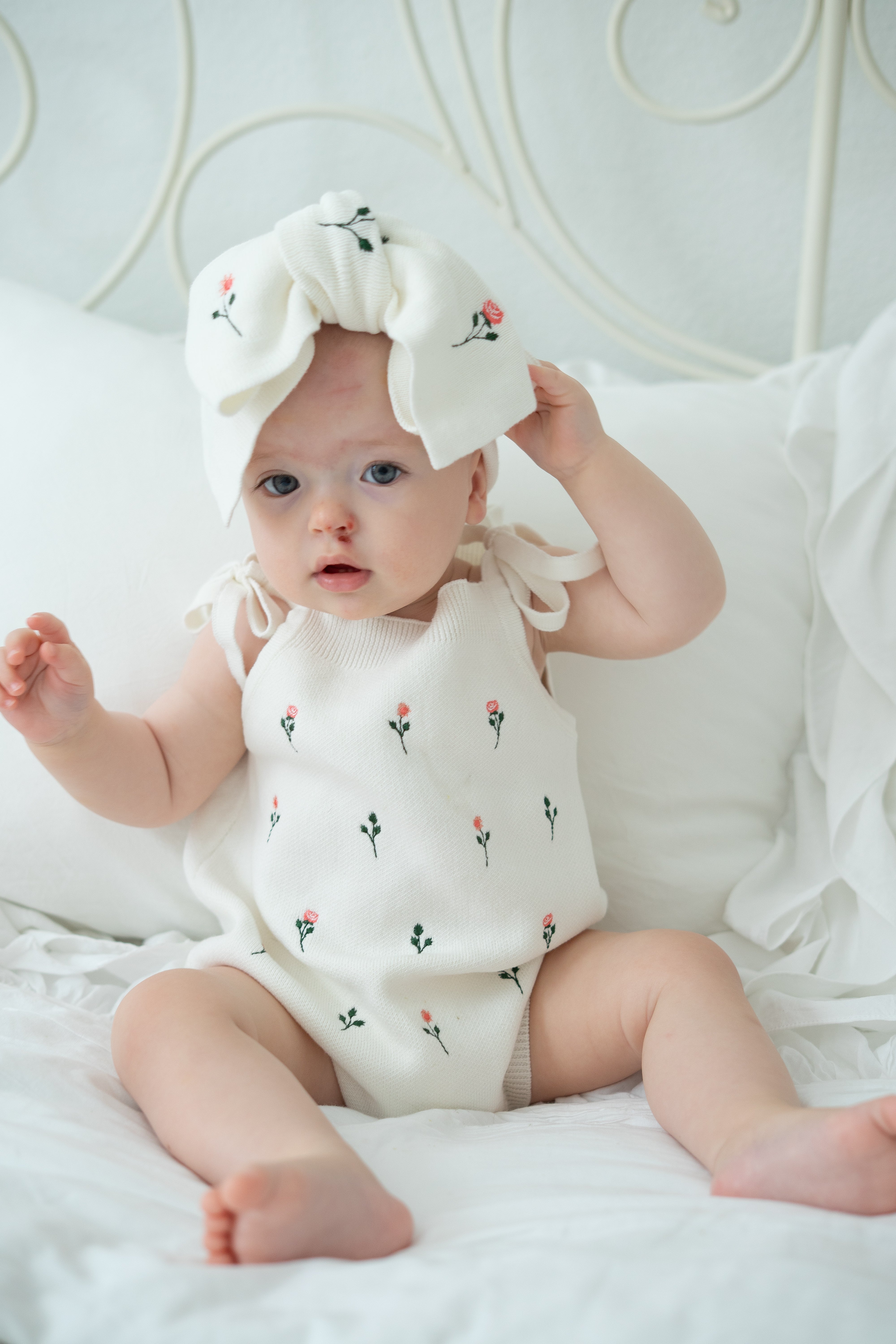 Floral Embroidery Romper + Bow - White