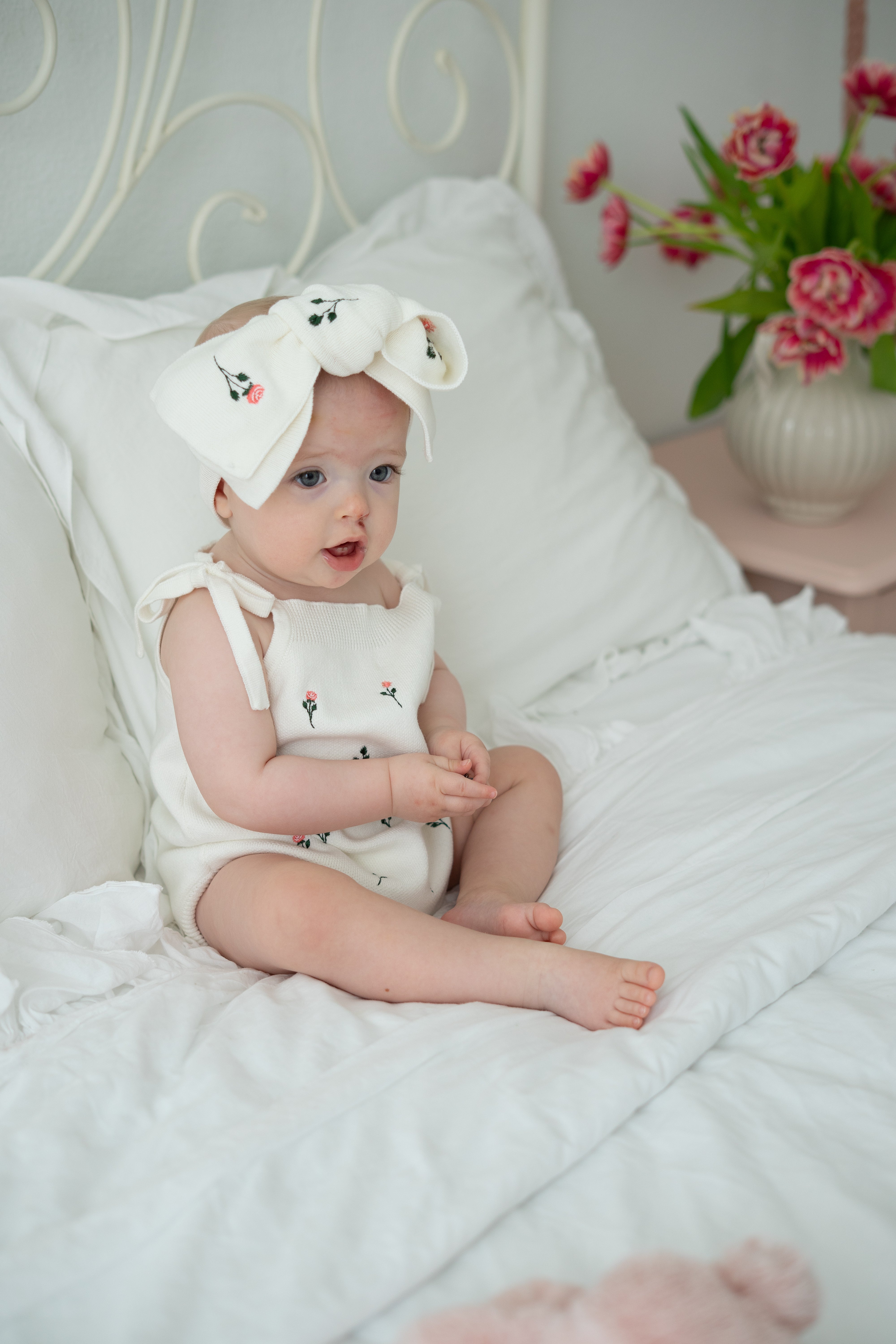Floral Embroidery Romper + Bow - White
