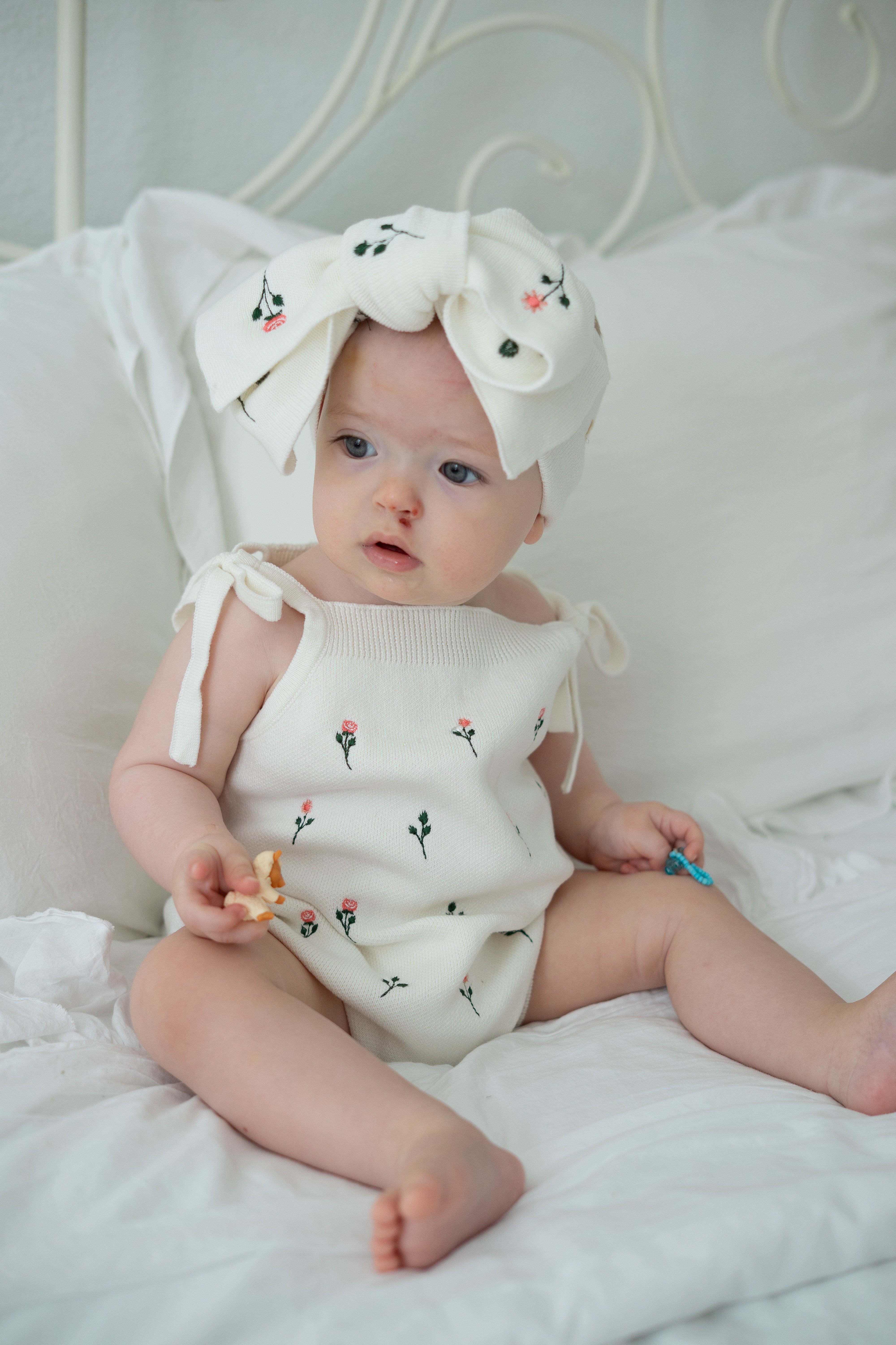 Floral Embroidery Romper + Bow - White