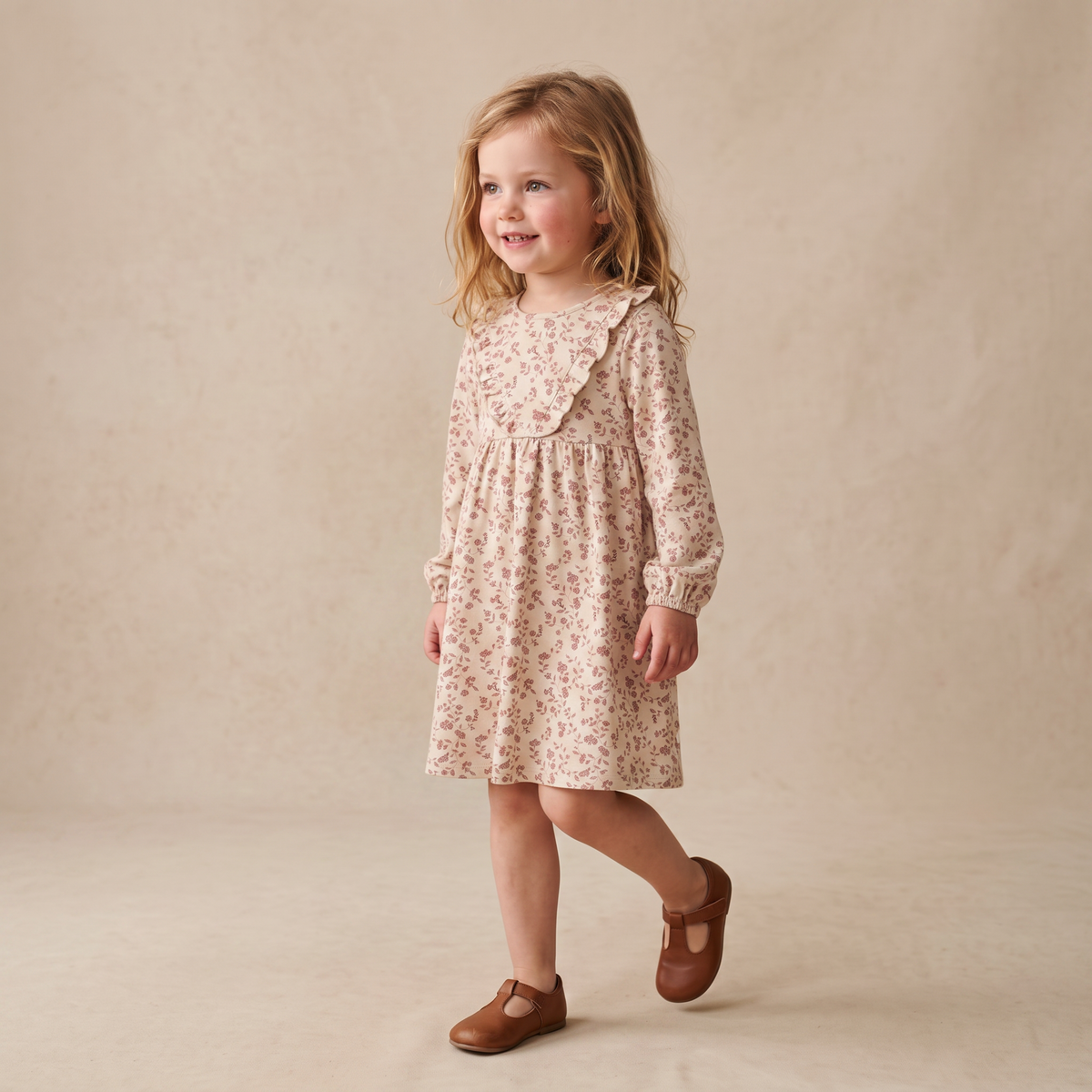 Organic Long Sleeve Ruffle -V- Dress - Petal Whispers