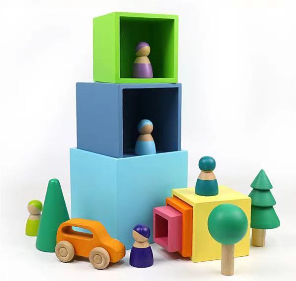 **Pre-order (Ships in 2-3 Weeks)**6-Piece Basswood Wooden Pastel Nesting Box Set | Painted & Hand-Stained Finishes | Montessori Stacking Toy