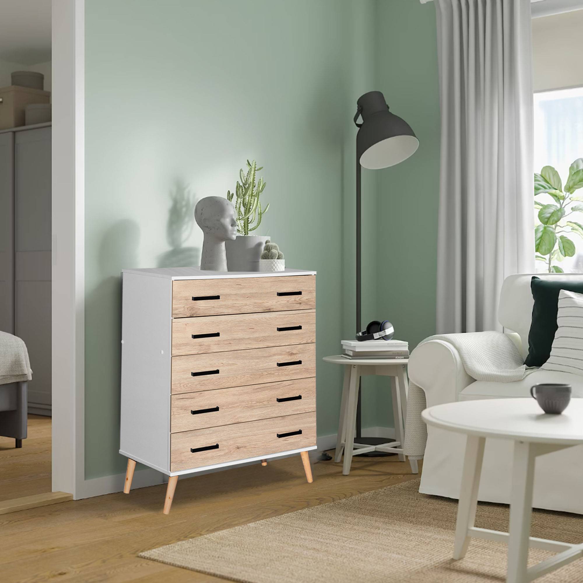 Better Home Products Eli Mid-Century Modern 5 Drawer Chest in White & Natural Oak
