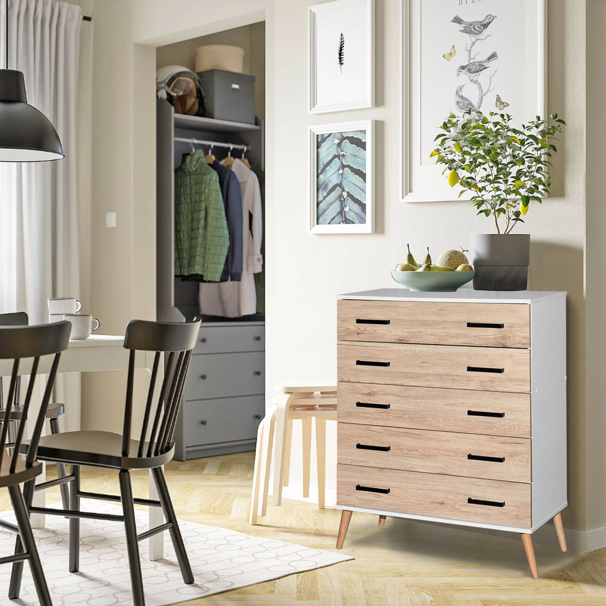 Better Home Products Eli Mid-Century Modern 5 Drawer Chest in White & Natural Oak