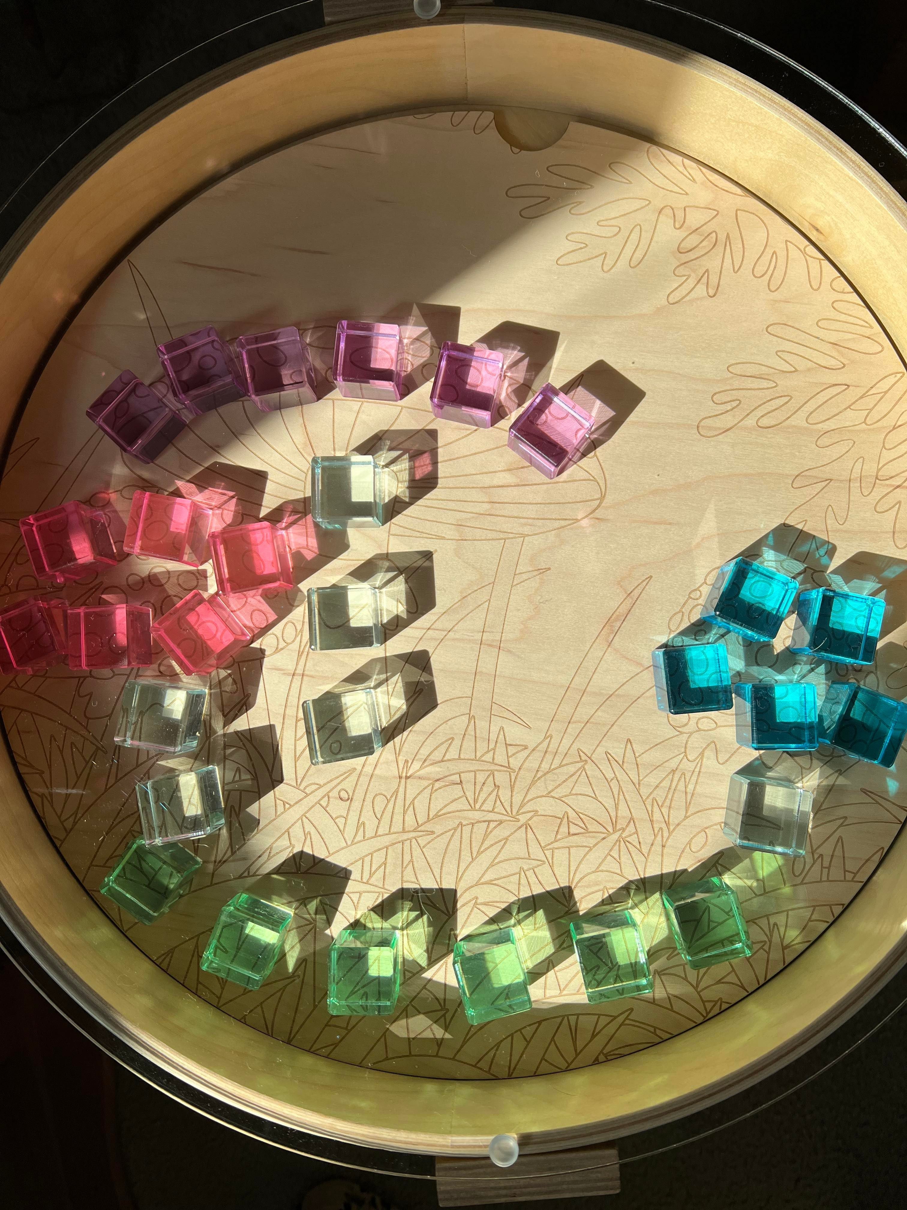 60 Pcs Crystal Clear Lucite Cubes Set with Wooden Tray – Rainbow or Pastel Colors