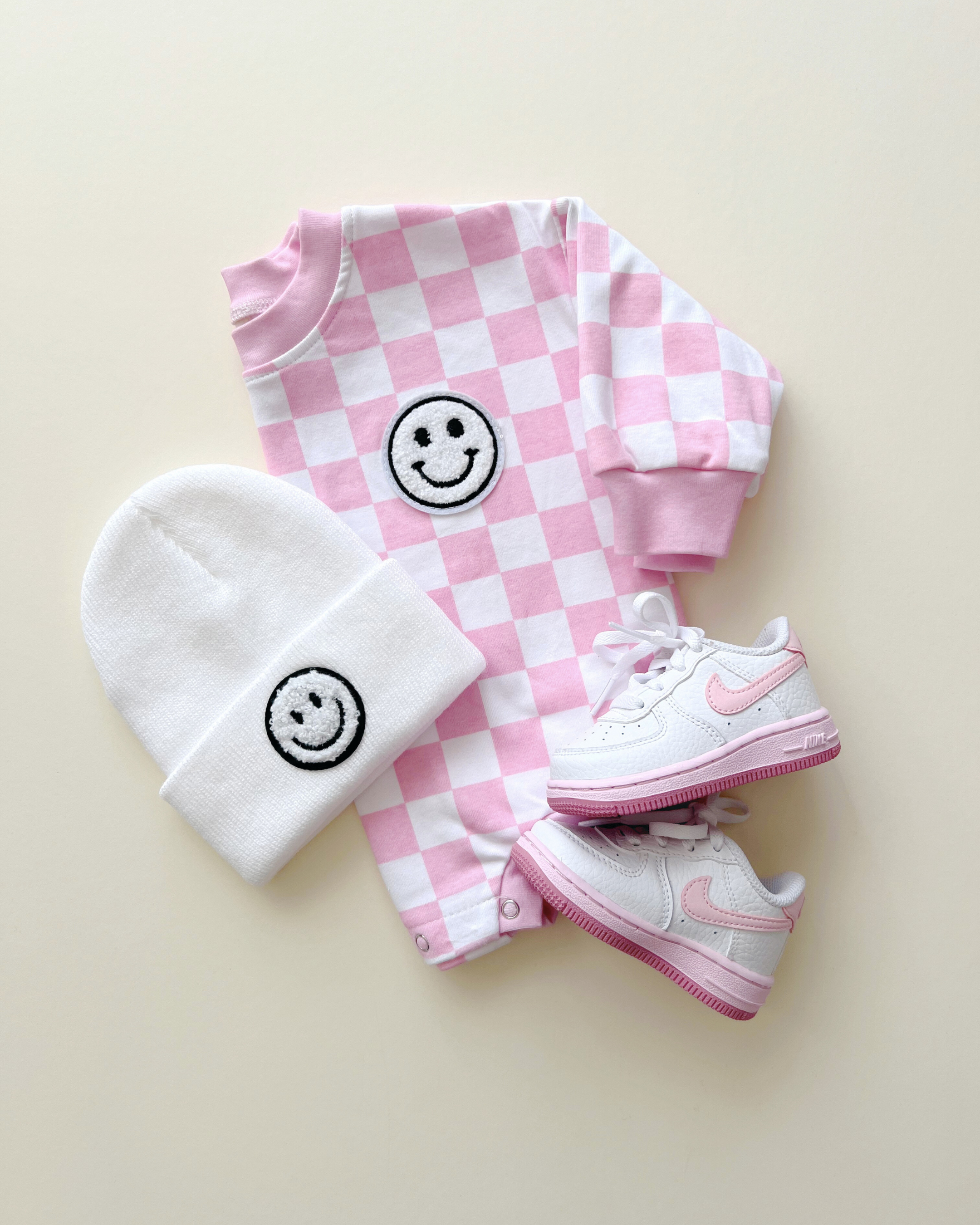 Bubble Romper | Checkered Smiley Pink