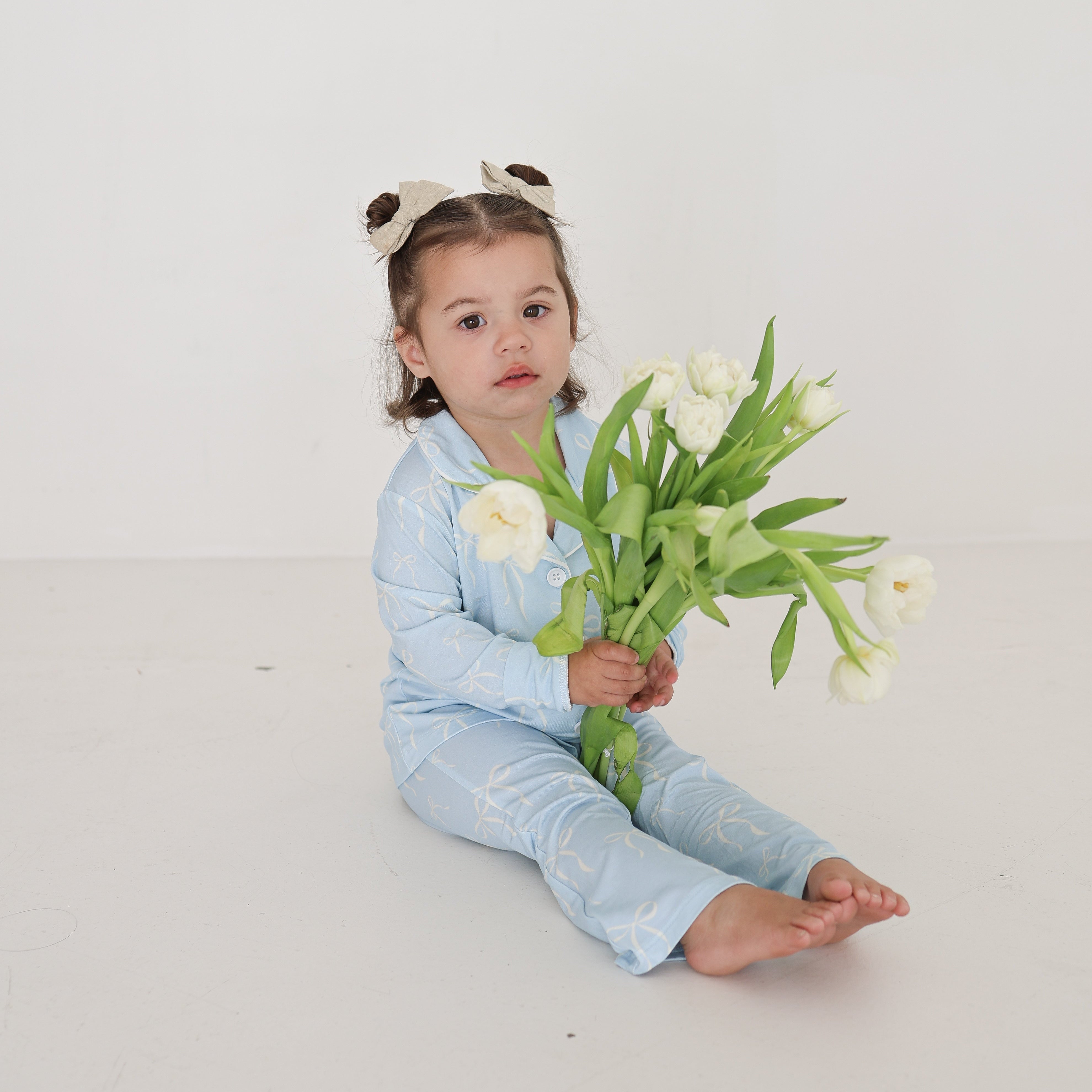 Girl’s Bamboo Button Up Lounge Set | Blue Bows