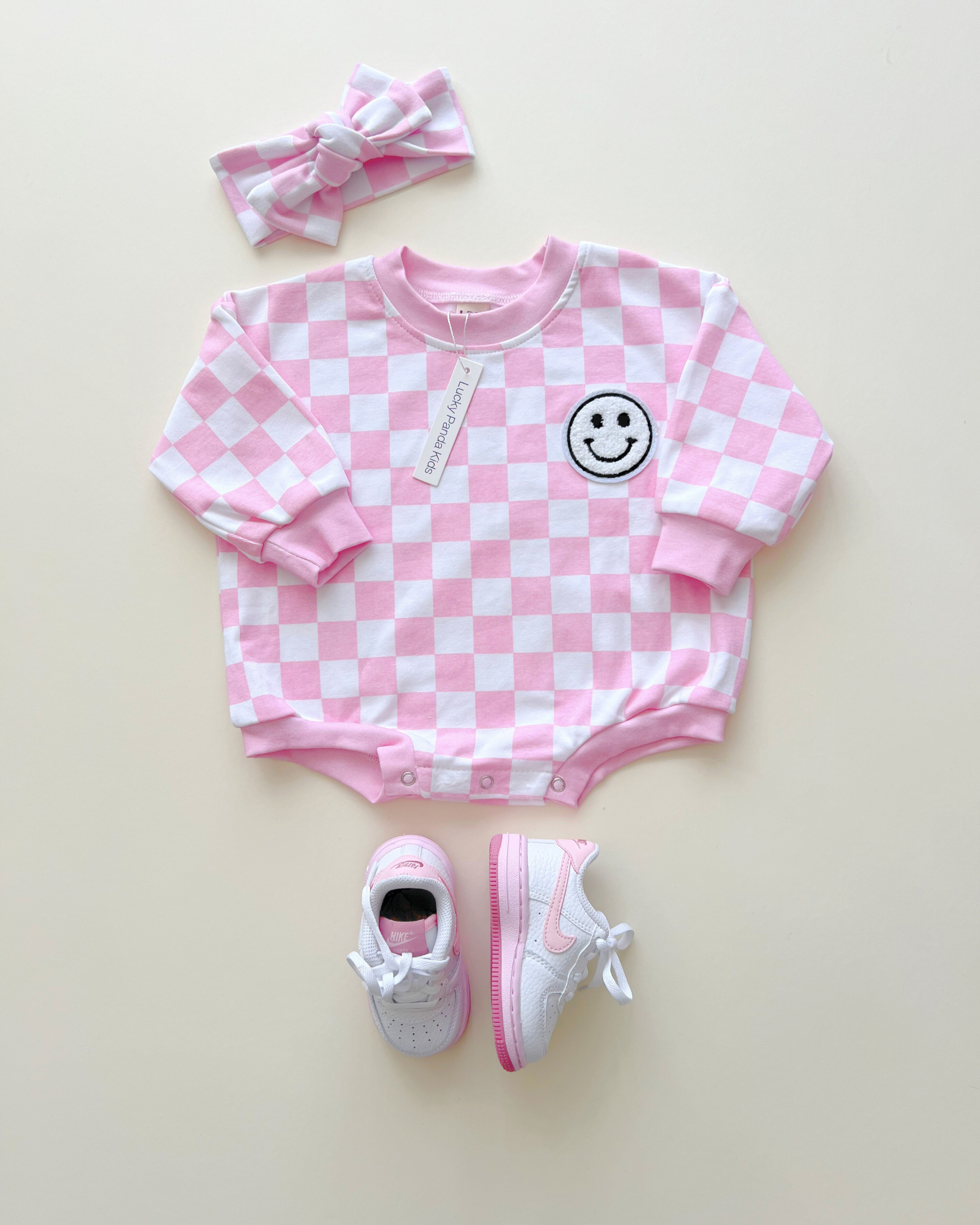 Bubble Romper | Checkered Smiley Pink