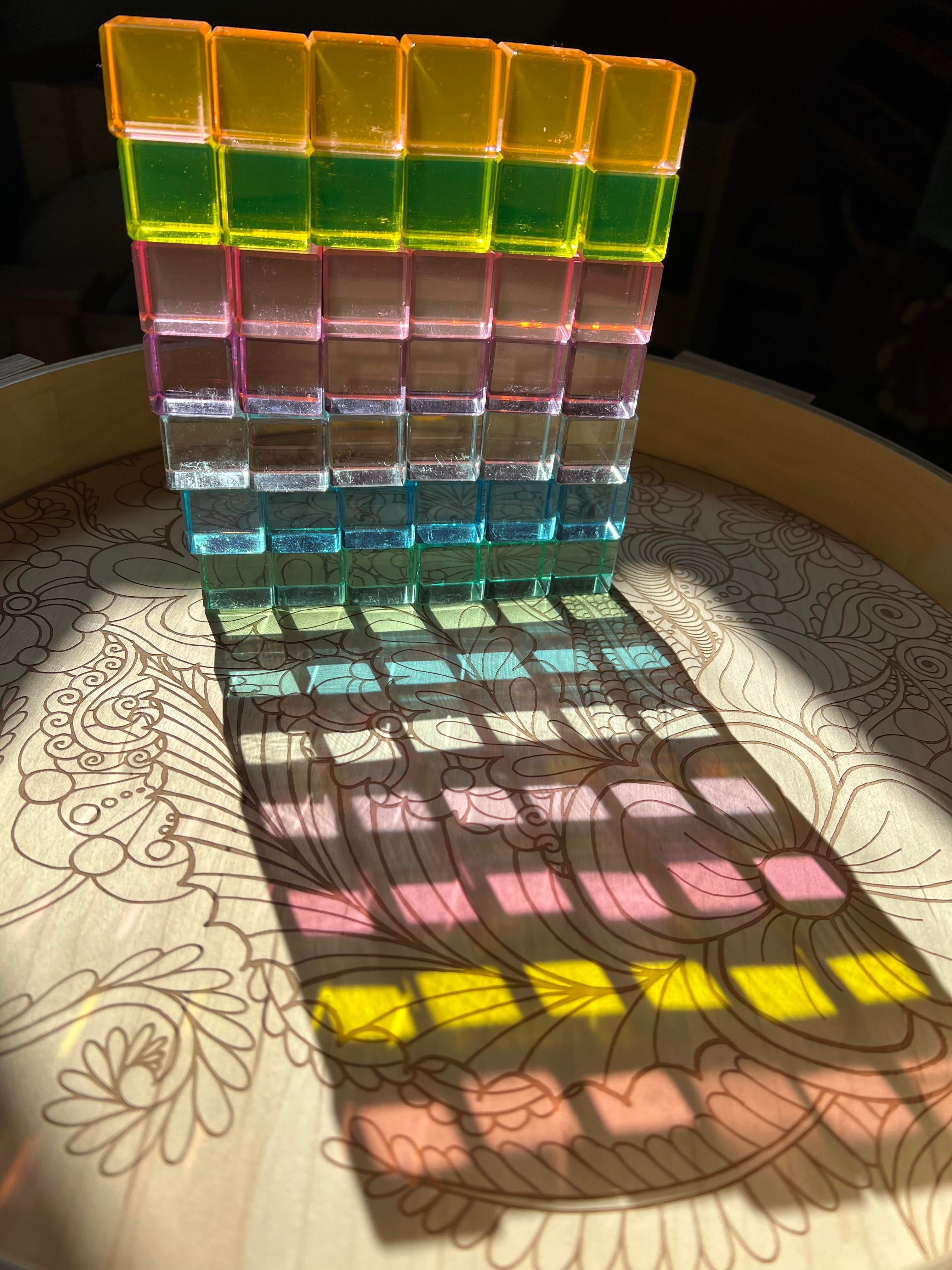 60 Pcs Crystal Clear Lucite Cubes Set with Wooden Tray – Rainbow or Pastel Colors