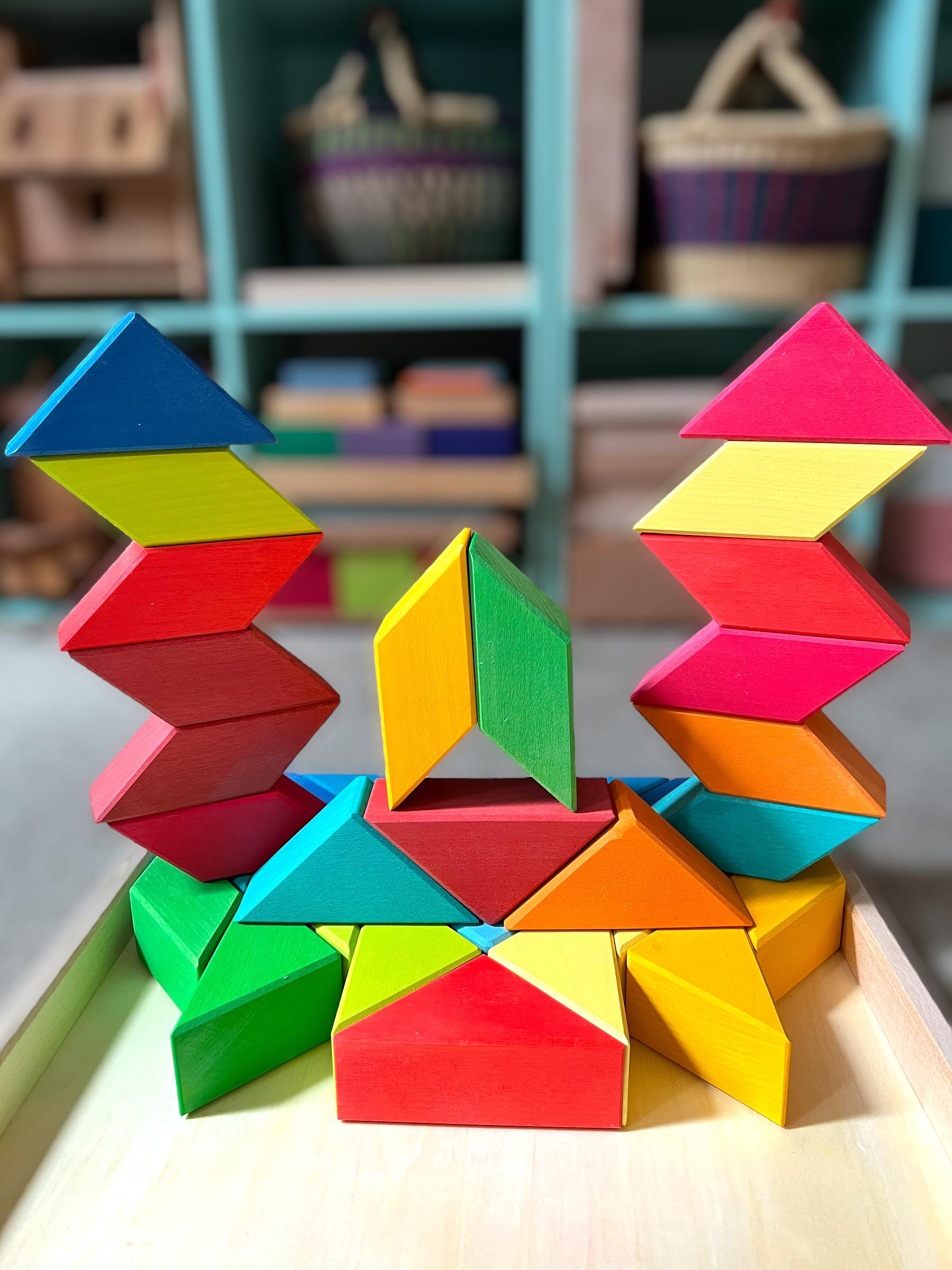 **Pre-order (Ships in 2-3 Weeks)**36-Piece Stained Large Rainbow Square Geometric Puzzle Block Set with Storage Tray