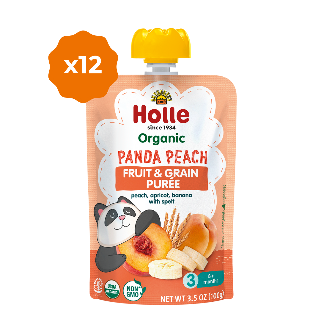 Holle Baby Food Pouches - Organic Fruit & Grain Puree -  Panda Peach