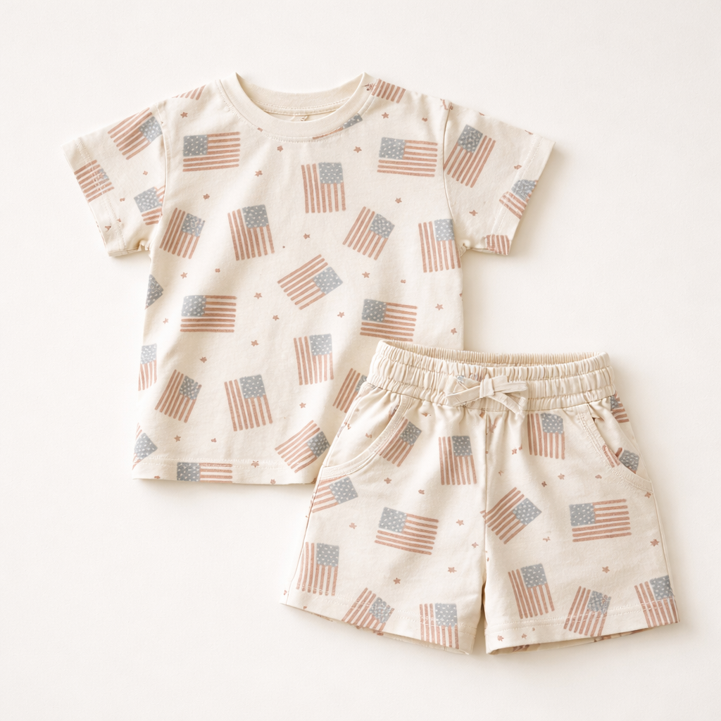 4th of July Flag Print Shorts Set - optional custom embroidery