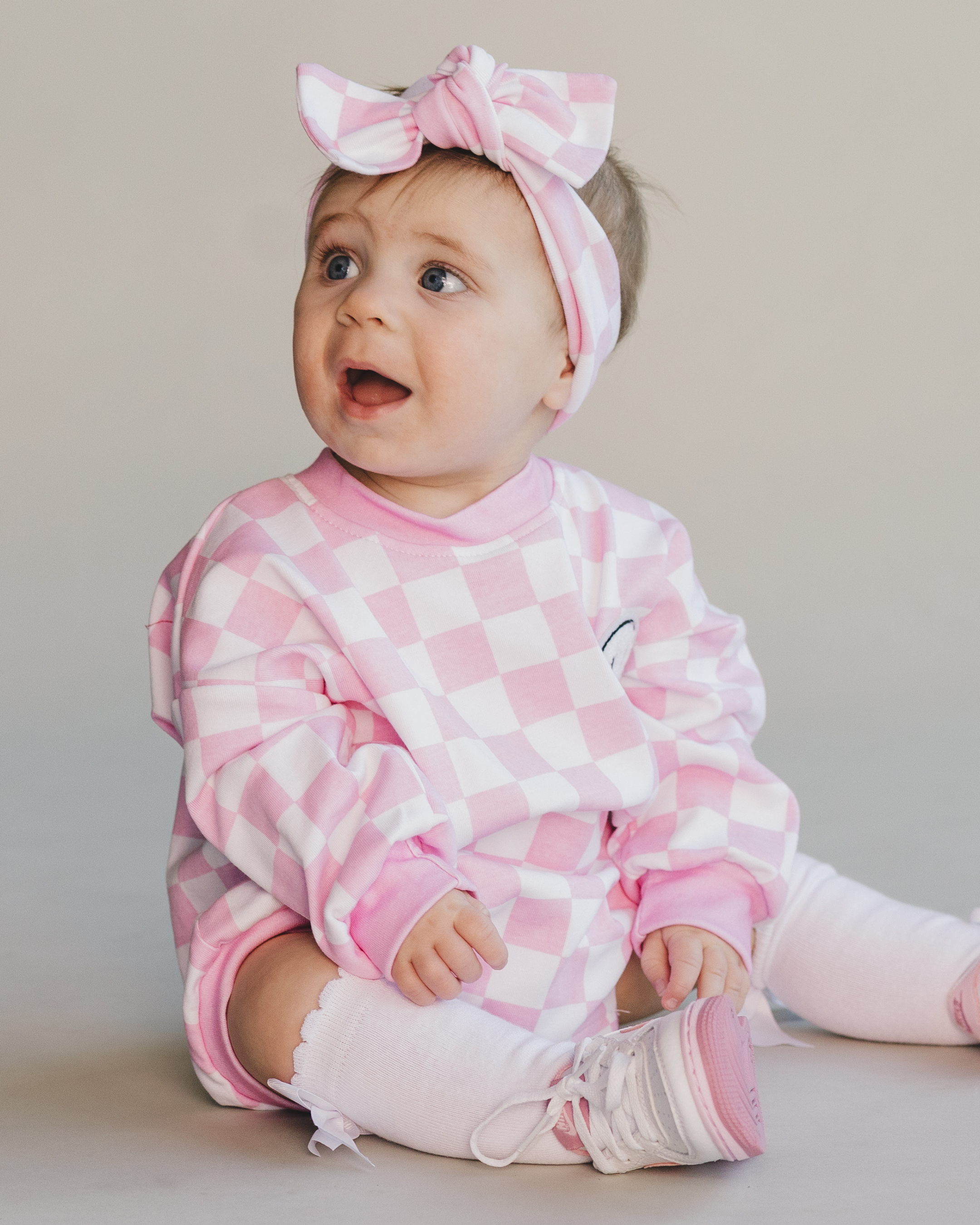 Bubble Romper | Checkered Smiley Pink