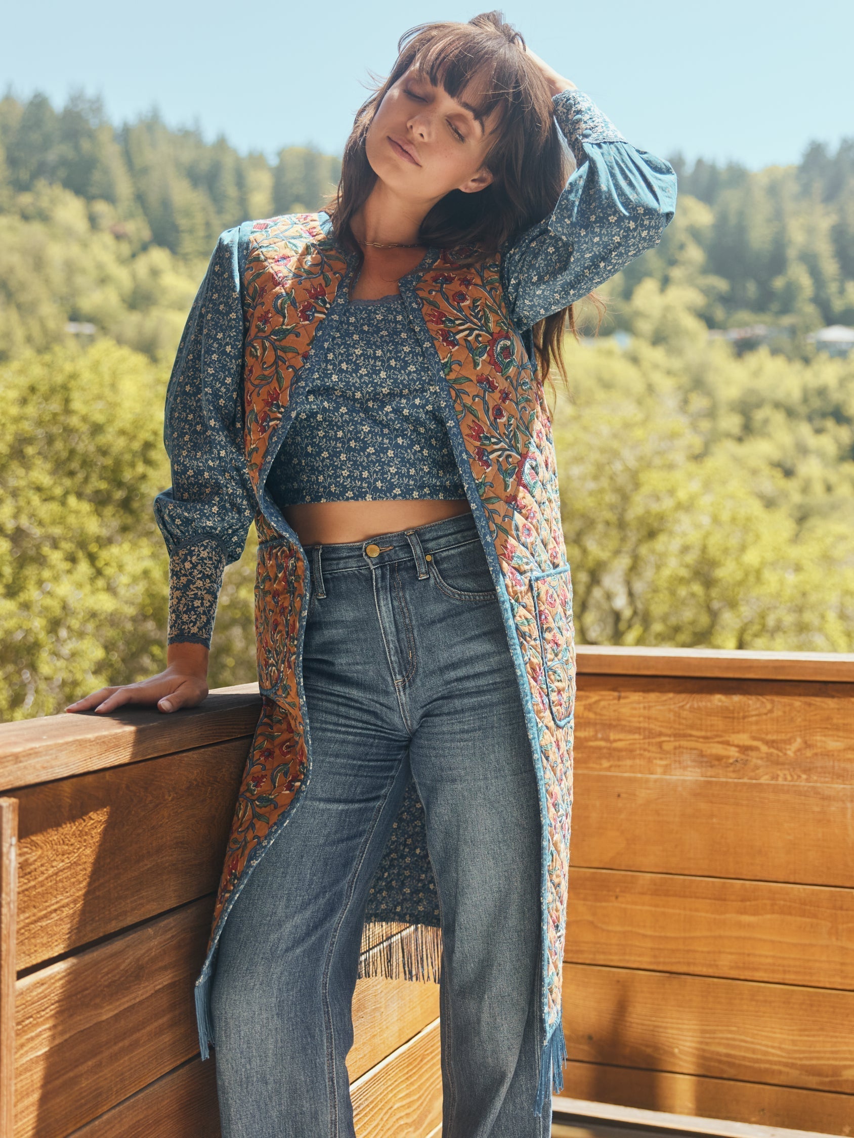 Therese Quilted Reversible Fringe Midi Vest - Tawny/Multicolor Floral & Queen Blue/Mini Alabaster Floral