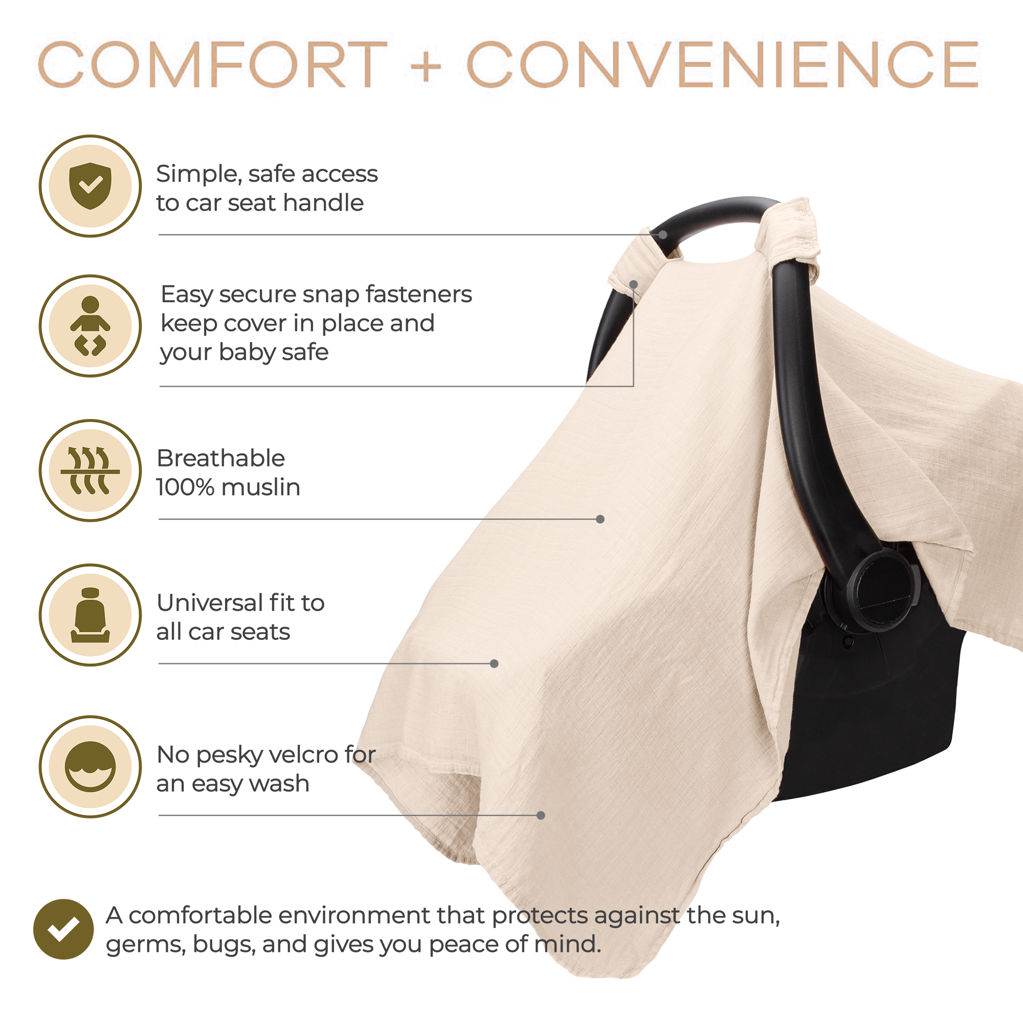 Muslin Baby Car Seat Cover by Comfy Cubs - Sand