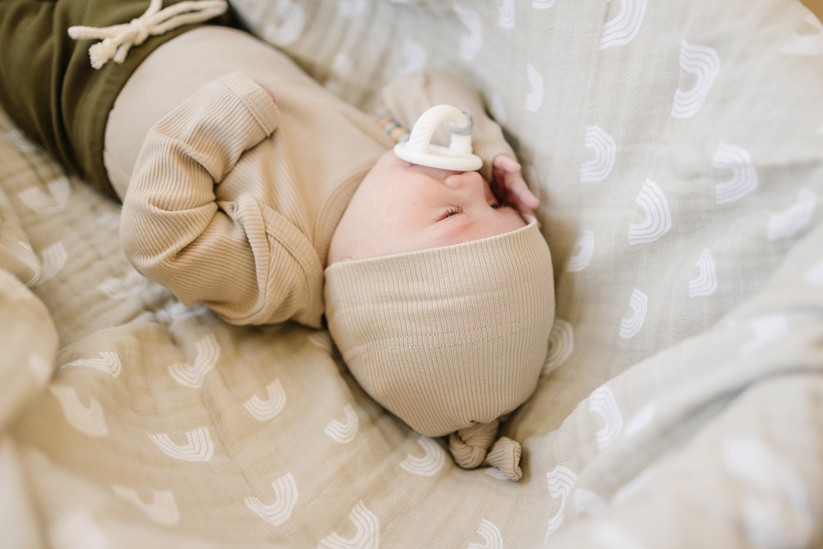 Oatmeal Organic Ribbed Newborn Knot Hat  Mebie Baby   