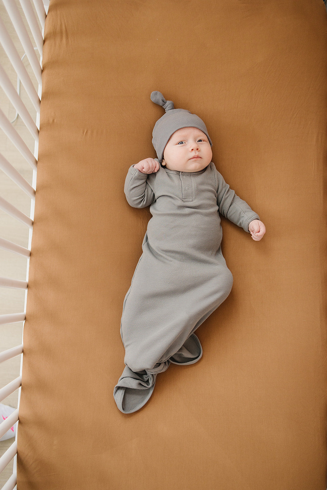 Grey Organic Cotton Ribbed Knot Gown  Mebie Baby   