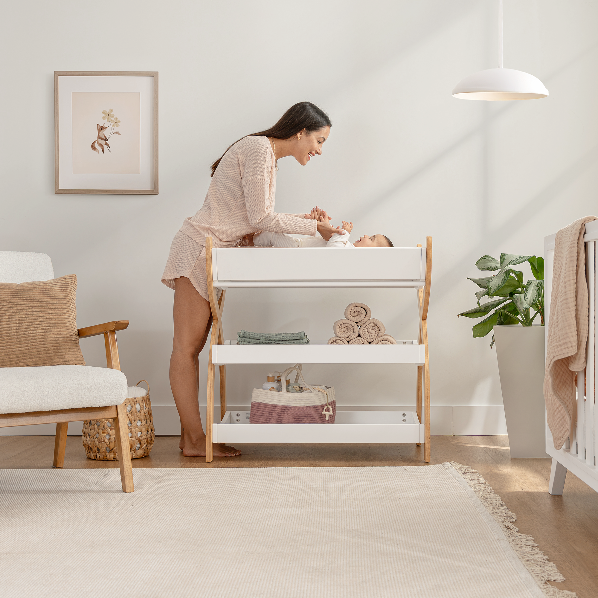 Baby Changing Table by Comfy Cubs - White With Natural Wood Legs