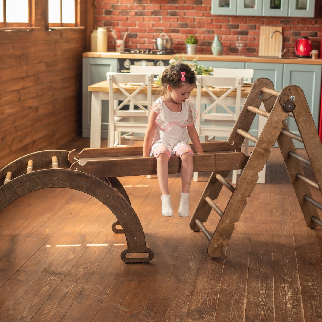 3in1 Montessori Climbing Set: Triangle Ladder + Arch/Rocker Balance + Slide Board – Chocolate 3in1 Playsets Goodevas   