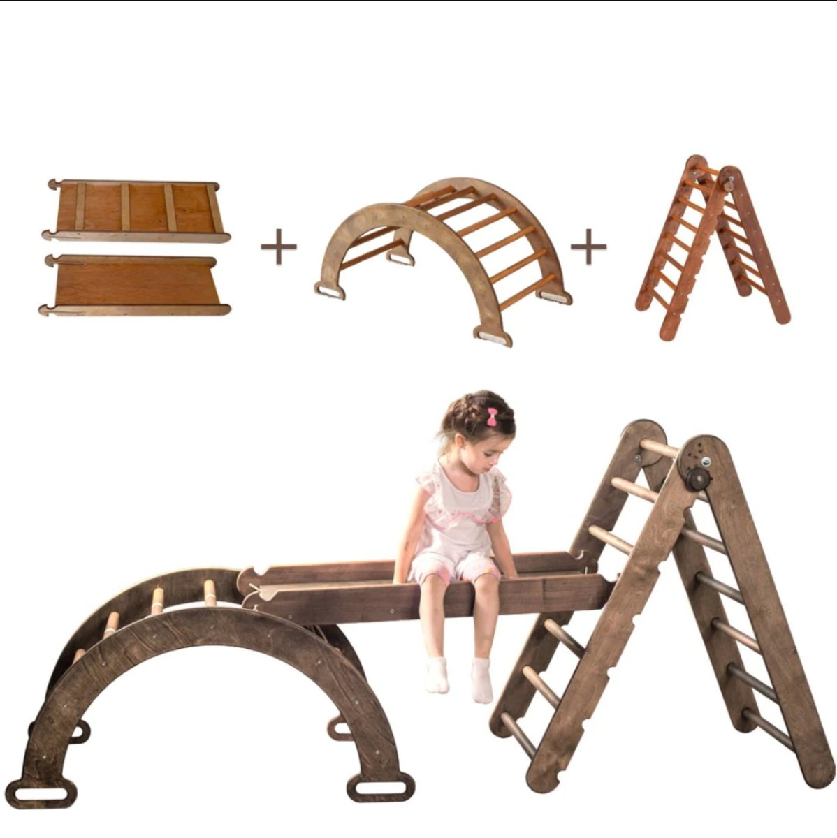 3in1 Montessori Climbing Set: Triangle Ladder + Arch/Rocker Balance + Slide Board – Chocolate 3in1 Playsets Goodevas   