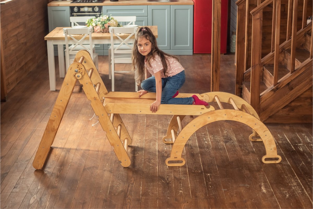 3in1 Montessori Climbing Set: Triangle Ladder + Wooden Arch + Slide Board – Beige 3in1 Playsets Goodevas   