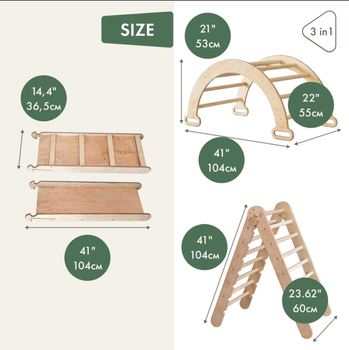 3in1 Montessori Climbing Set: Triangle Ladder + Wooden Arch + Slide Board – Beige 3in1 Playsets Goodevas   