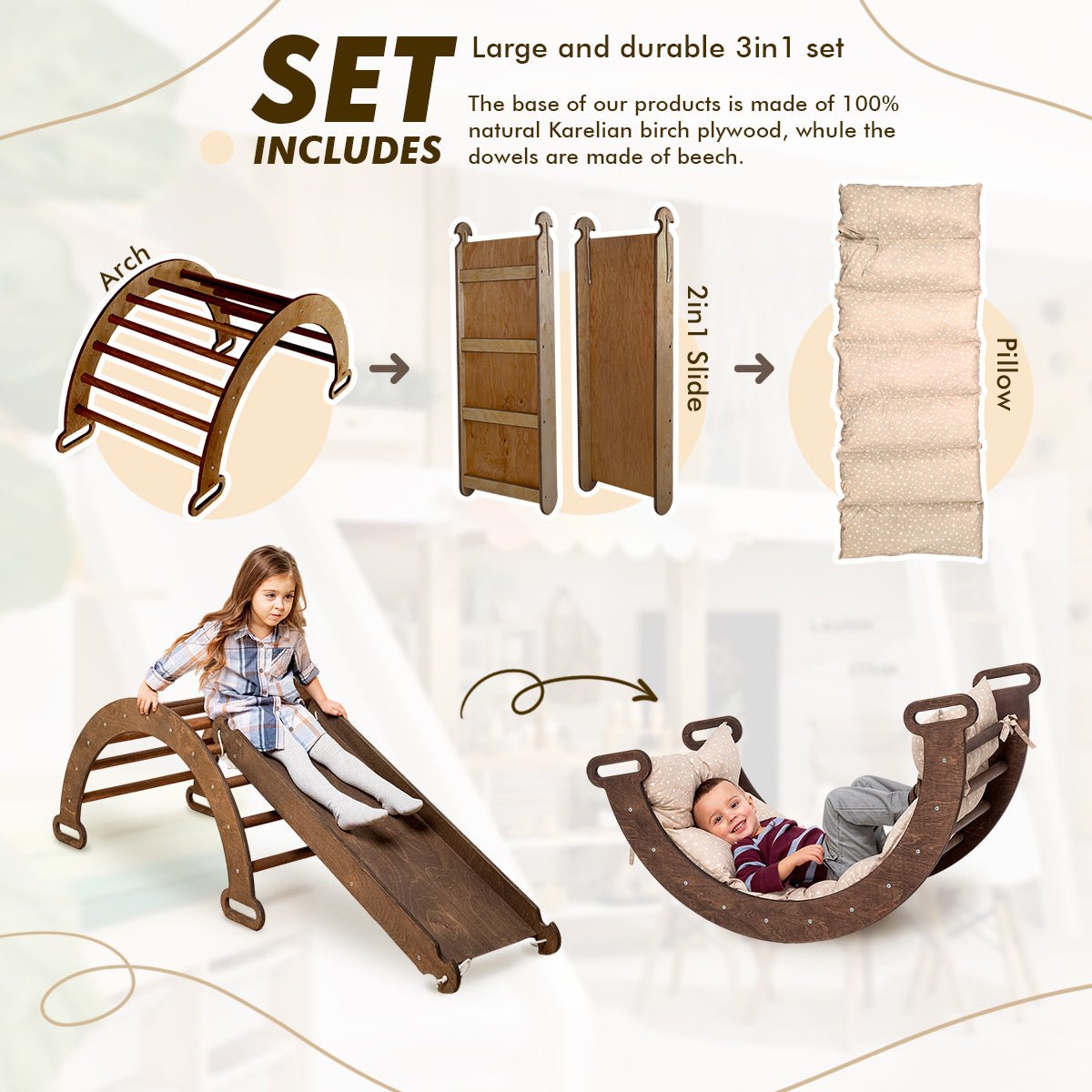 3in1 Montessori PlaySet for Toddlers: Arch + Slide + Cushion - Chocolate  Goodevas   