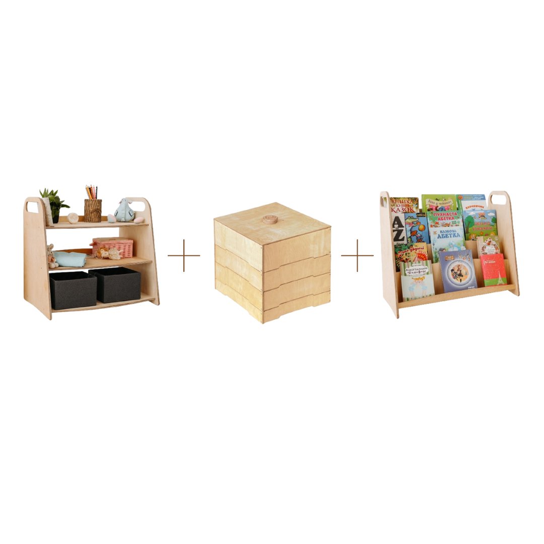 3in1 Montessori Shelves Set: Bookshelf + Toy Shelf + Lego sorter Shelves Goodevas   