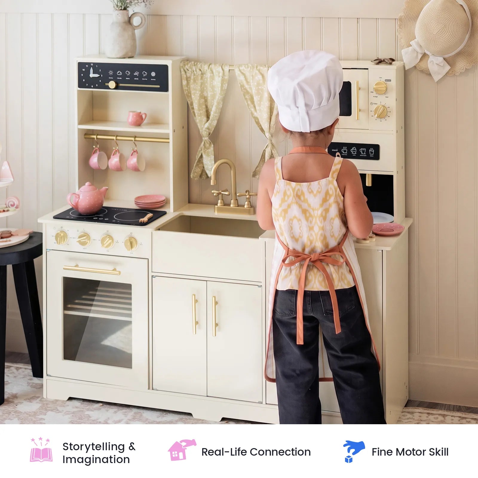 Tiny Land® Iconic Wooden Play Kitchen – Cream Pretend Cooking Set for Kids
