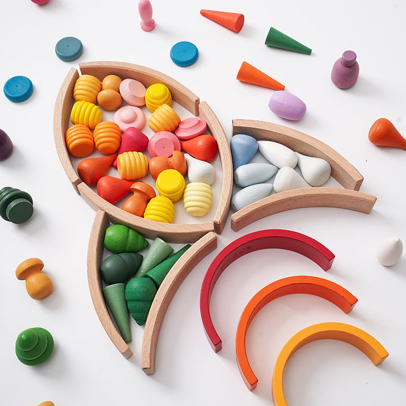 **Pre-order (Ships in 2-3 Weeks)**NEW 252-Piece Mandala Loose Parts Play Set with Mini Rainbow & Natural Wooden Blocks
